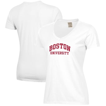 Women's  White Boston University Script Logo Comfort Wash V-Neck T-Shirt
