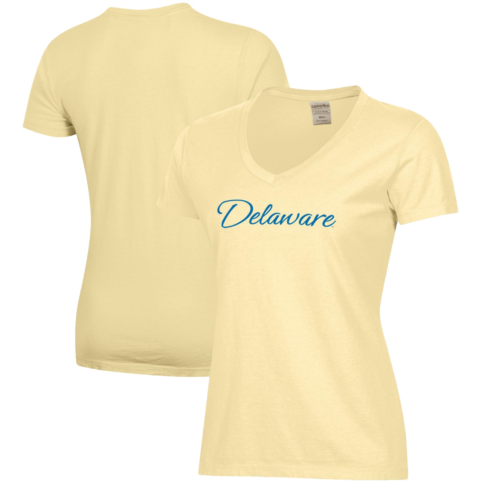 Women's  Gold Delaware Fightin' Blue Hens Script Logo Comfort Wash V-Neck T-Shirt