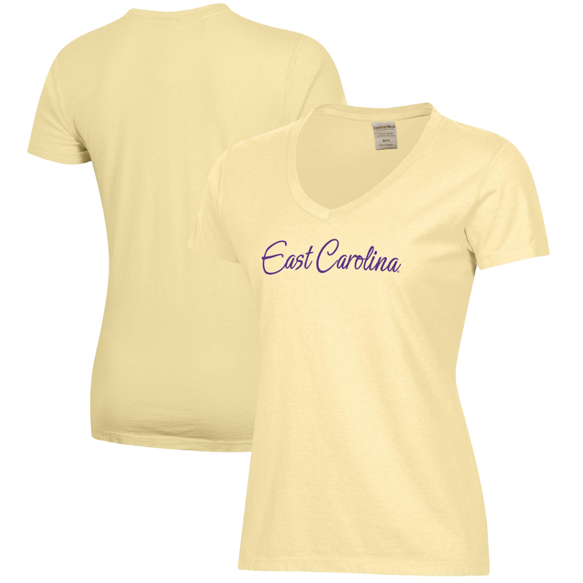 Women's  Gold ECU Pirates Script Logo Comfort Wash V-Neck T-Shirt