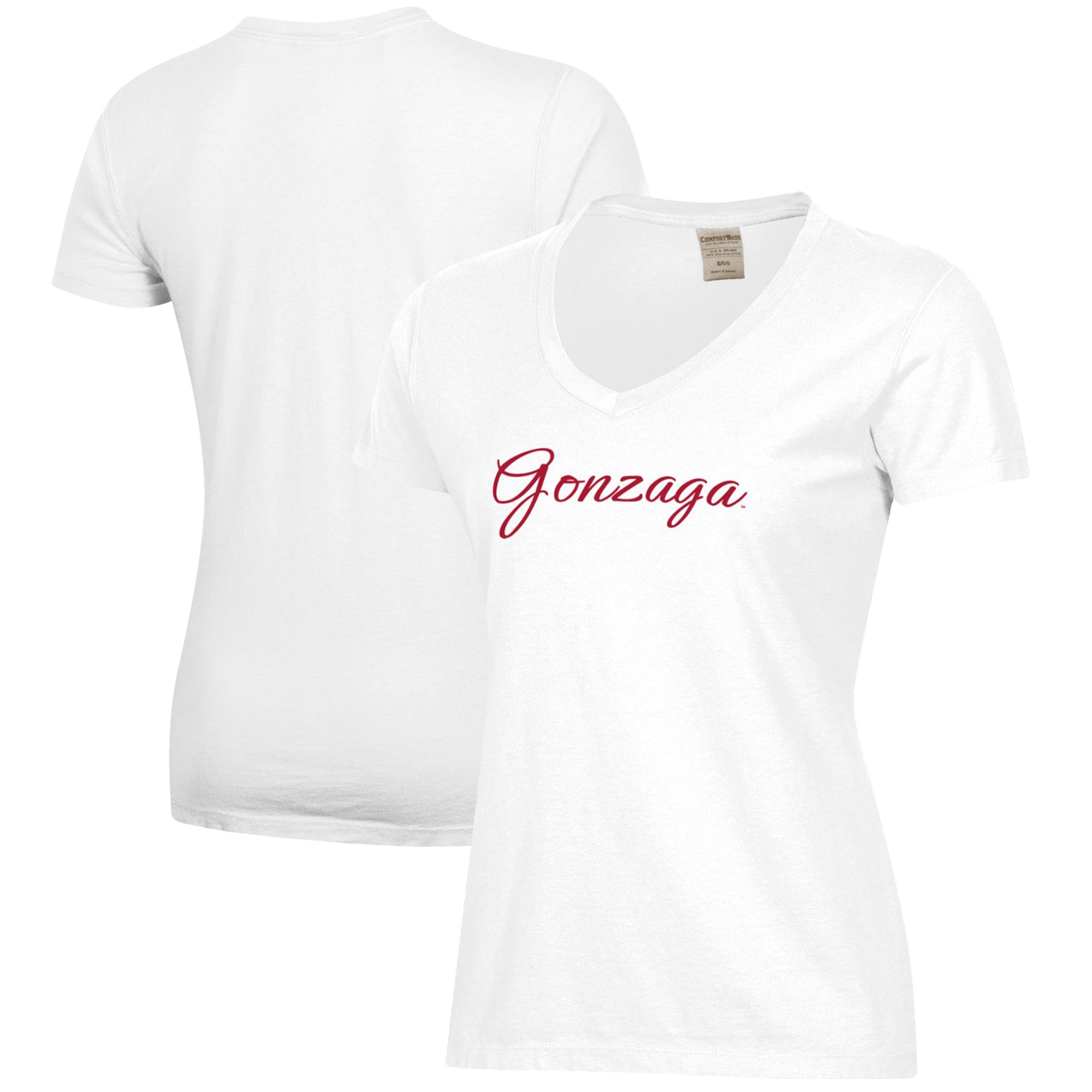 Women's White Gonzaga Bulldogs Script Logo Comfort Wash V-Neck T-Shirt