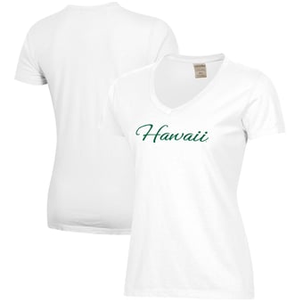 Women's White Hawaii Rainbow Warriors Script Logo Comfort Wash V-Neck T-Shirt