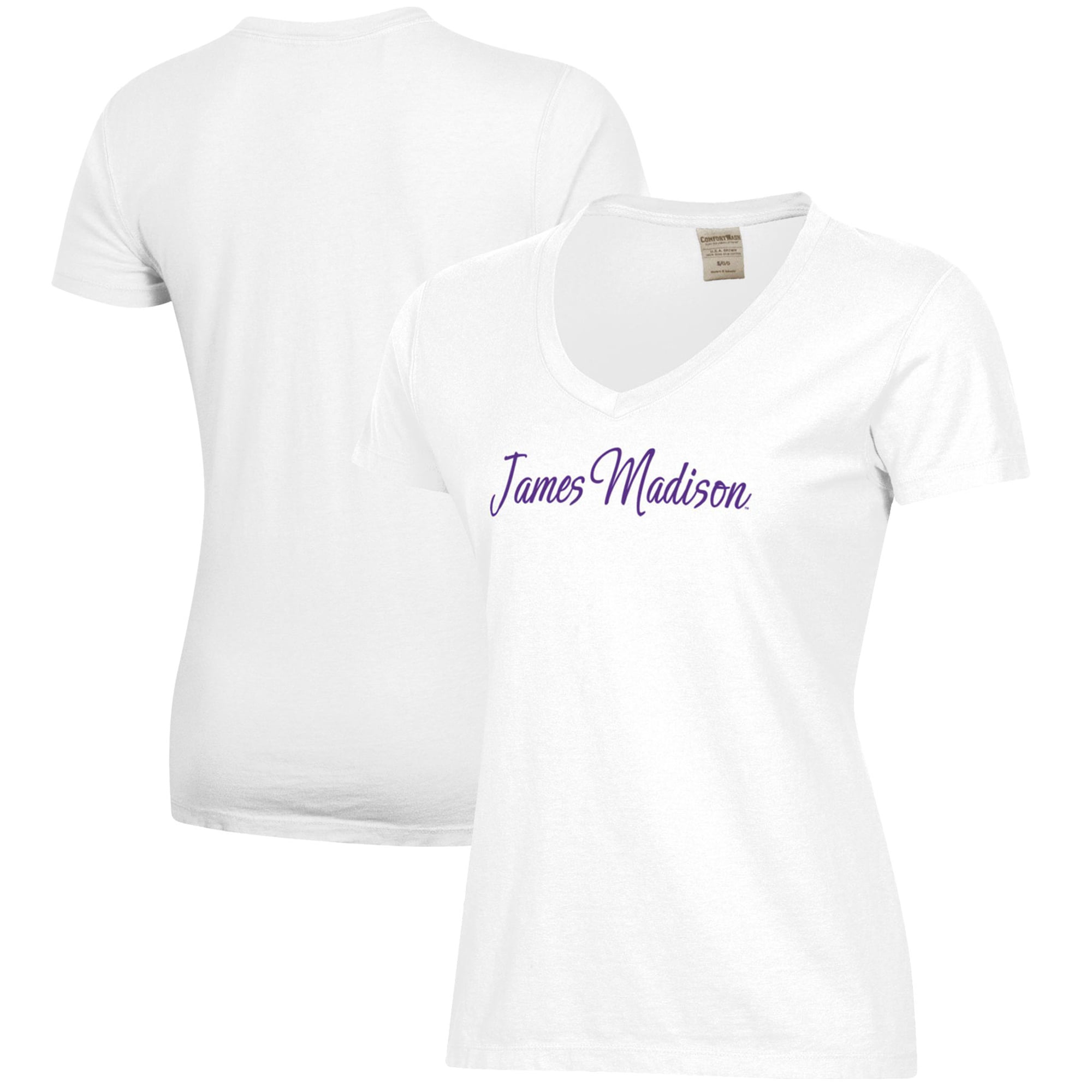 Women's White James Madison Dukes Script Logo Comfort Wash V-Neck T-Shirt
