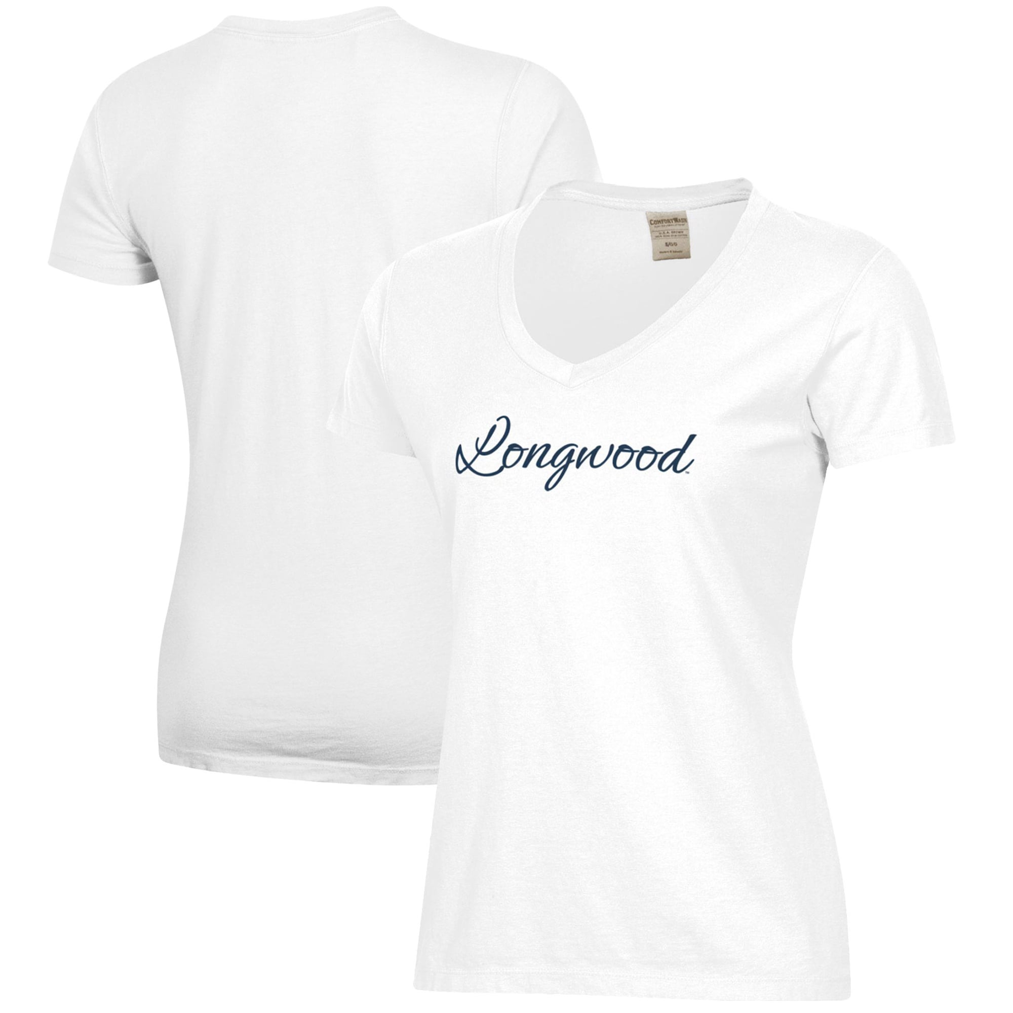 Women's White Longwood Lancers Script Logo Comfort Wash V-Neck T-Shirt