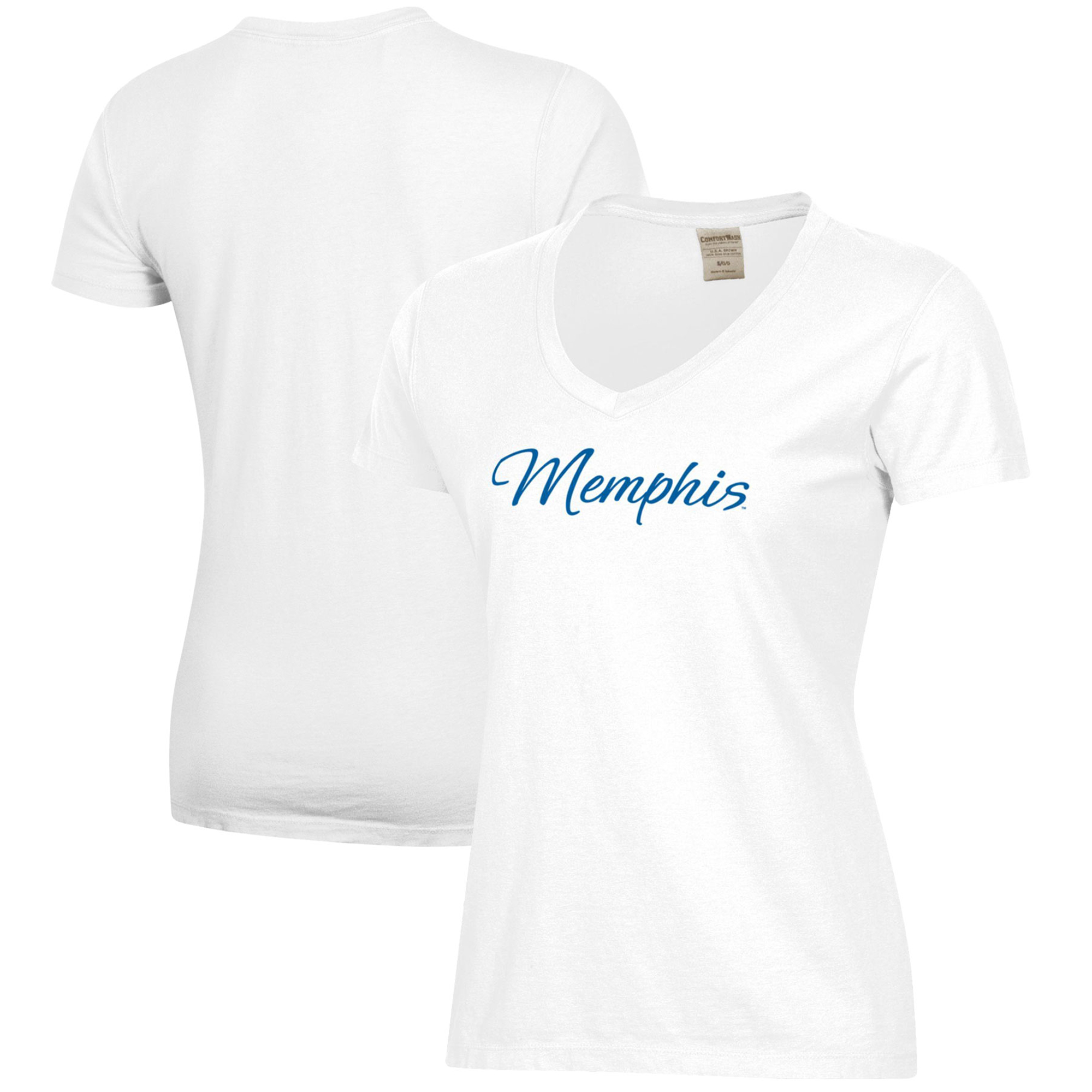 Women's White Memphis Tigers Script Logo Comfort Wash V-Neck T-Shirt
