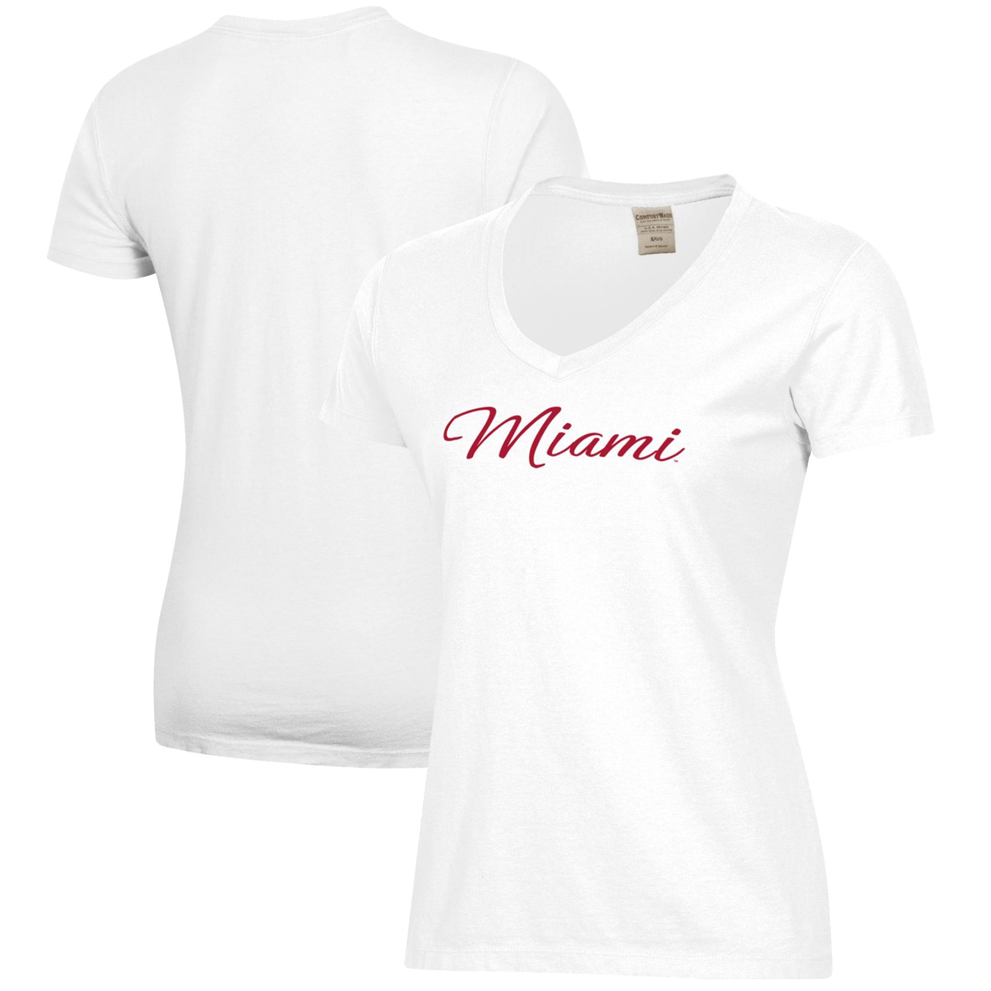 Women's  White Miami University RedHawks Script Logo Comfort Wash V-Neck T-Shirt
