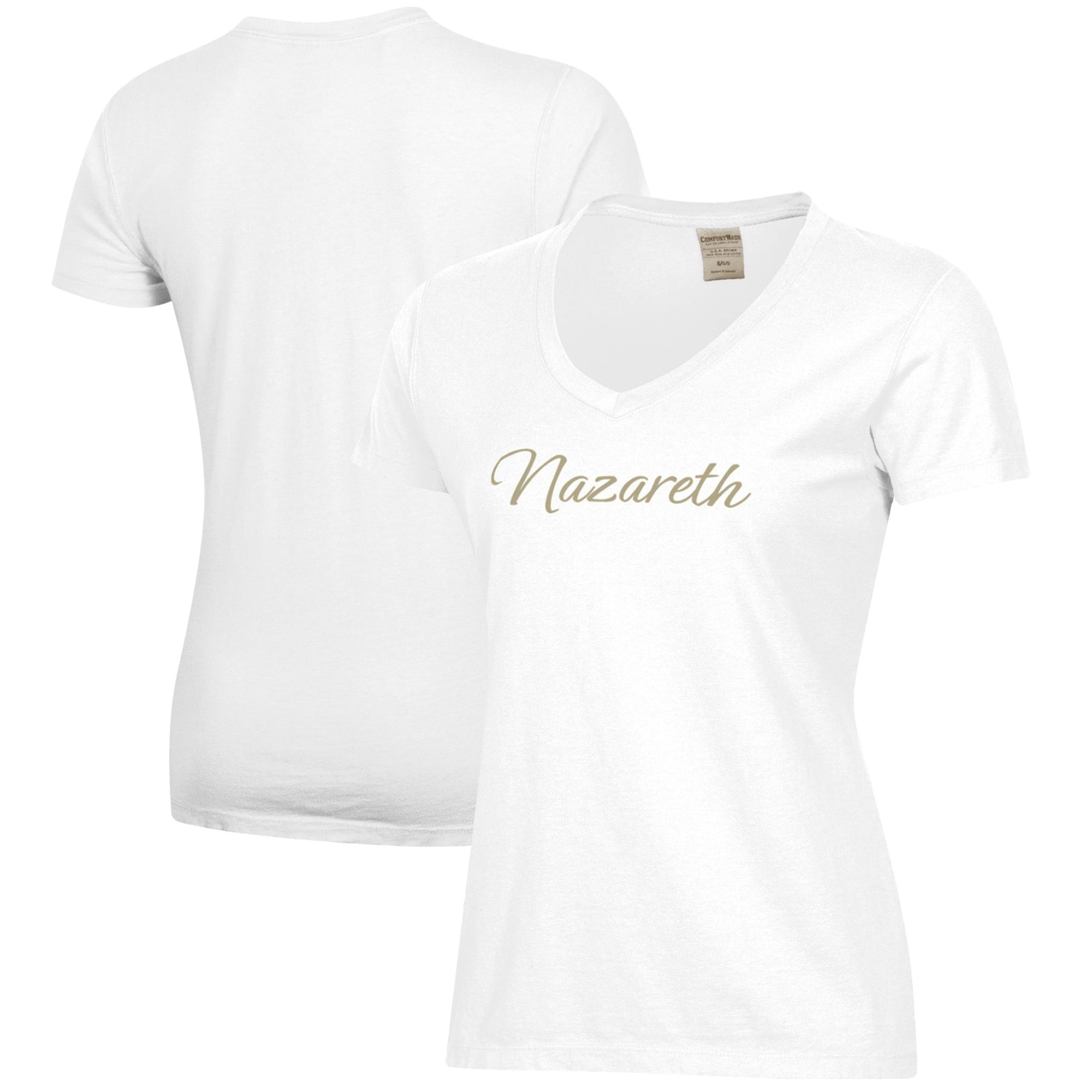 Women's  White Nazareth University Golden Flyers Script Logo Comfort Wash V-Neck T-Shirt