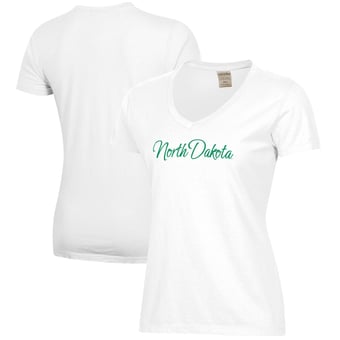 Women's  White North Dakota Script Logo Comfort Wash V-Neck T-Shirt