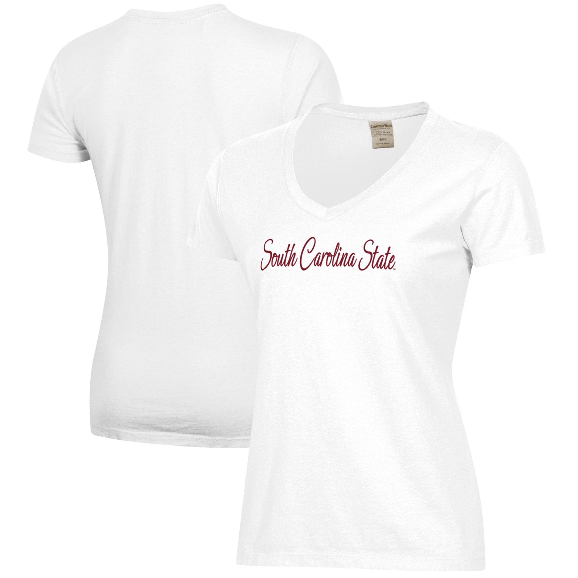 Women's White South Carolina State Bulldogs Script Logo Comfort Wash V-Neck T-Shirt