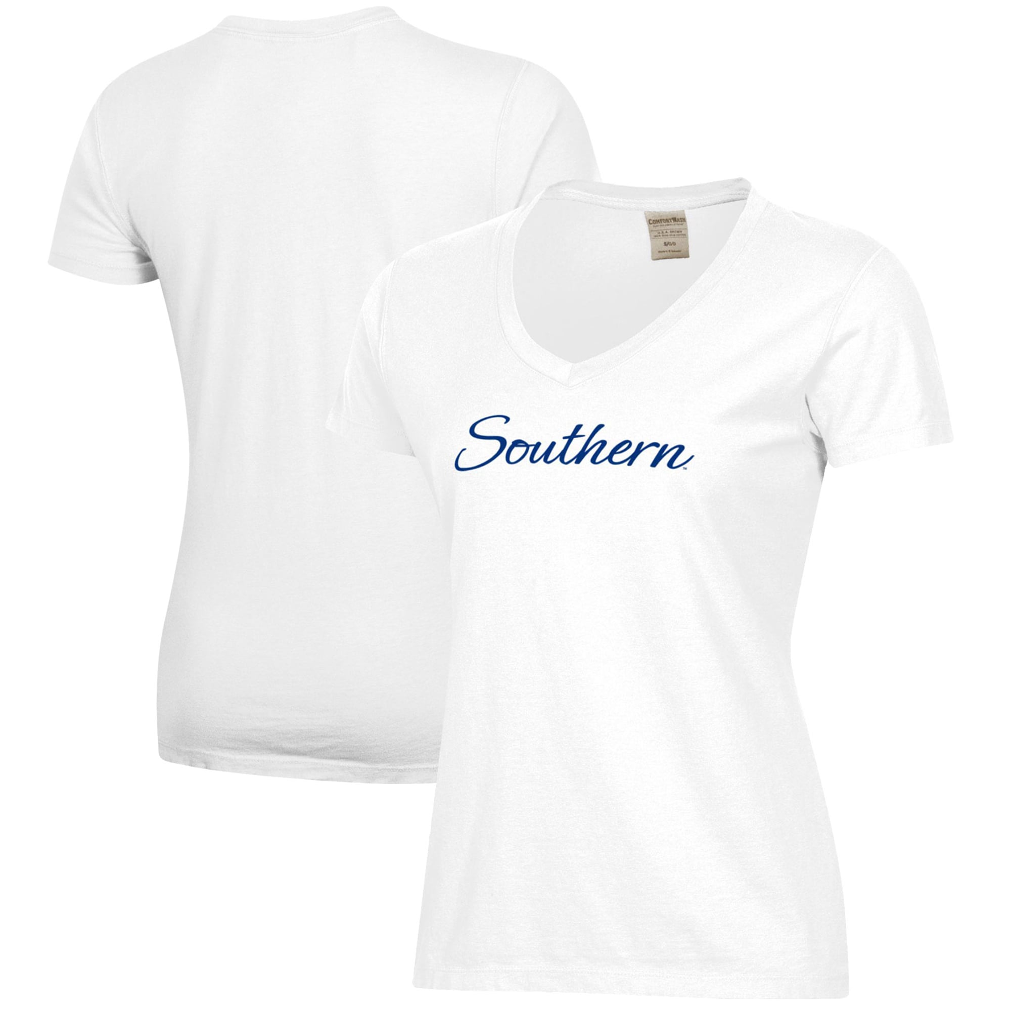 Women's White Southern Connecticut State Owls Script Logo Comfort Wash V-Neck T-Shirt