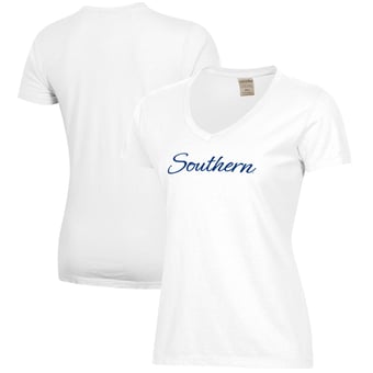 Women's White Southern Connecticut State Owls Script Logo Comfort Wash V-Neck T-Shirt