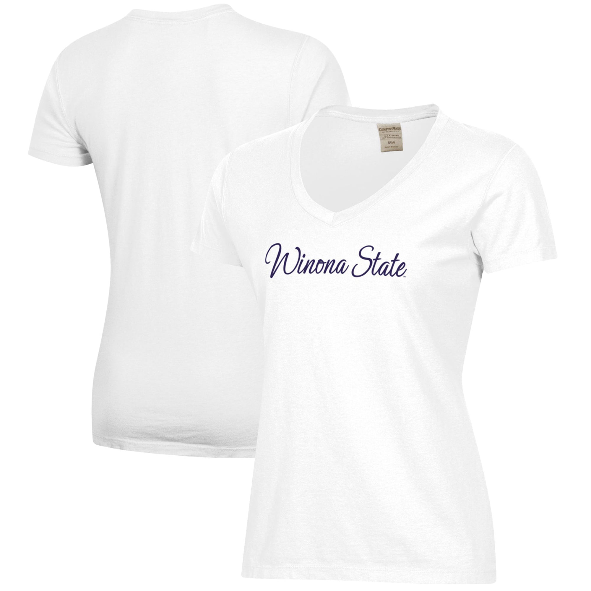 Women's  White Winona State Warriors Script Logo Comfort Wash V-Neck T-Shirt