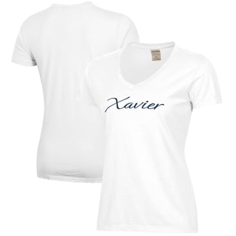 Women's White Xavier Musketeers Script Logo Comfort Wash V-Neck T-Shirt