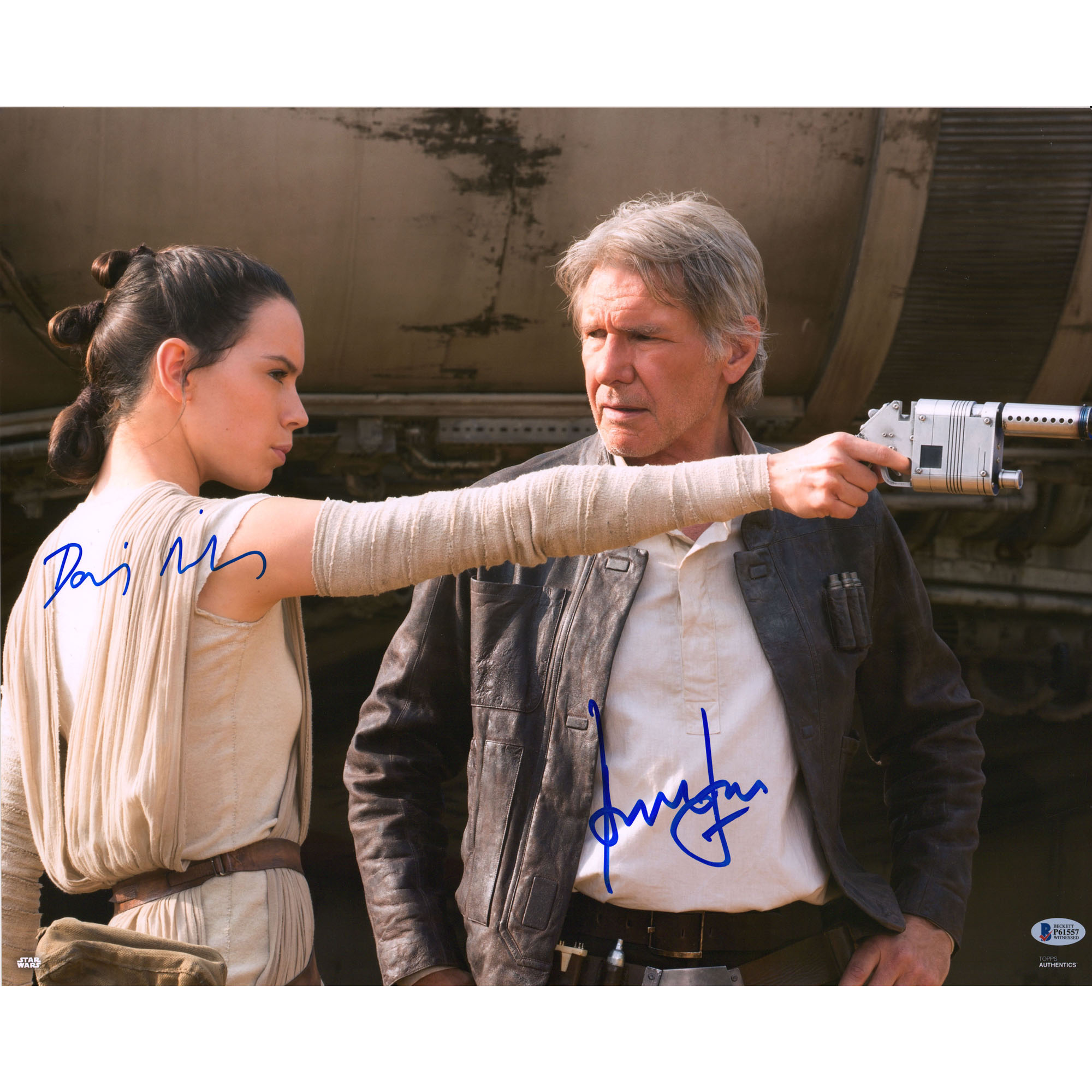Harrison Ford & Daisy Ridley Star Wars Autographed 16" x 20" Holding Blaster Photograph - BAS