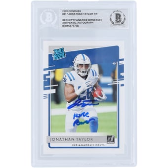 Jonathan Taylor Indianapolis Colts Autographed 2020 Panini Donruss Rated Rookie #317 Beckett Fanatics Witnessed Authenticated Rookie Card with "Horse Power" Inscription