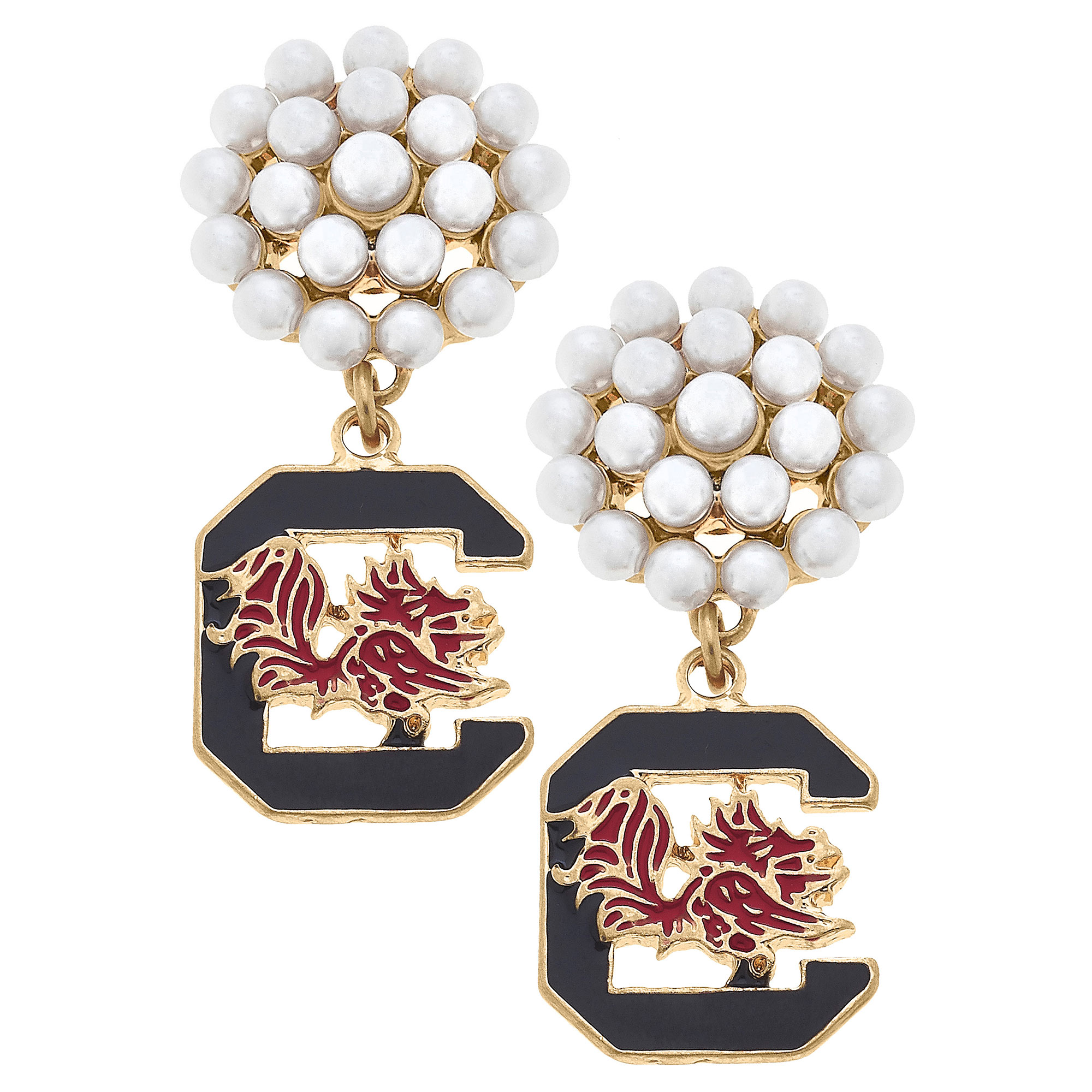 Women' CANVAS Style South Carolina Gamecocks Pearl Cluster Enamel Drop Earrings
