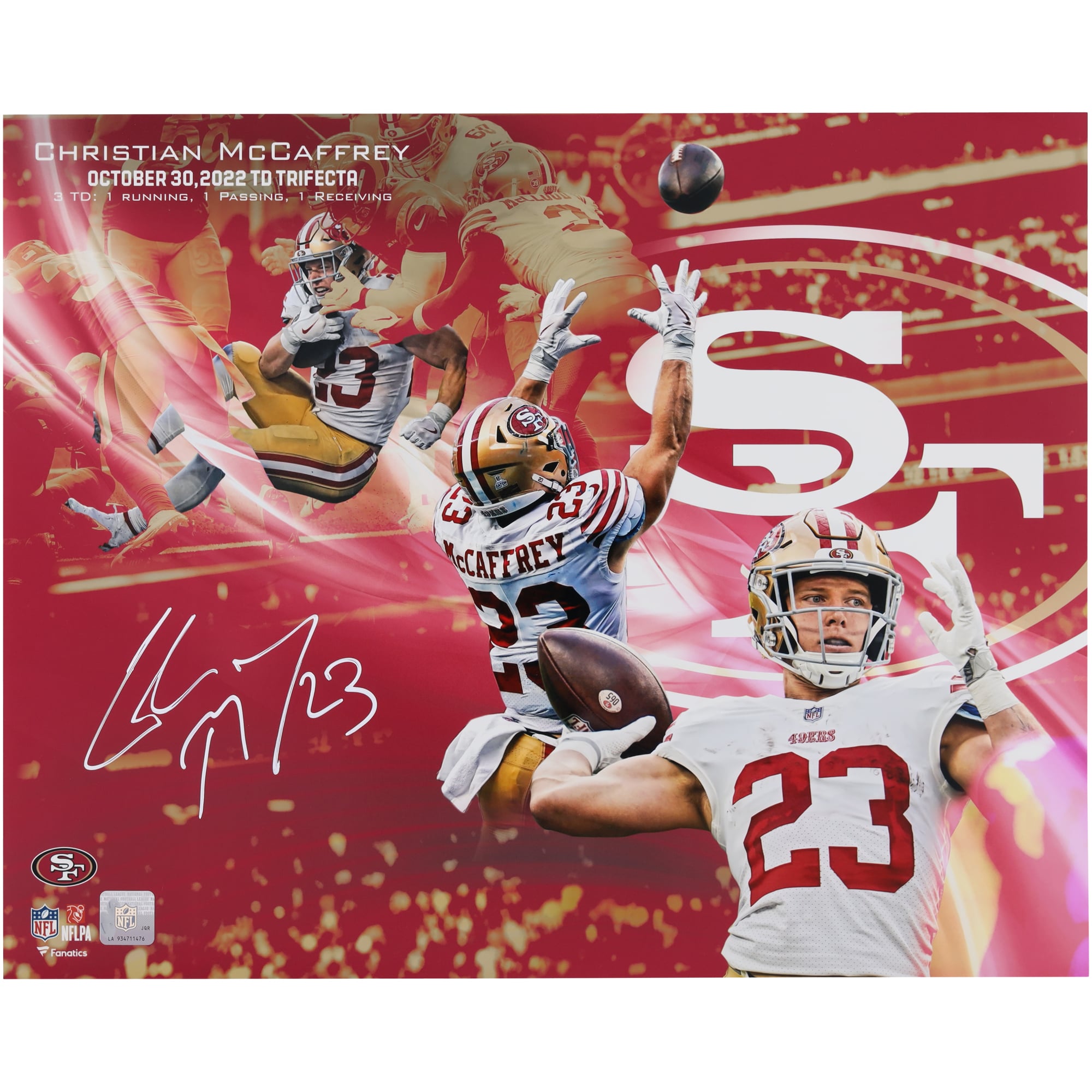 Christian McCaffrey San Francisco 49ers Autographed 16" x 20" TD Trifecta Collage Photograph