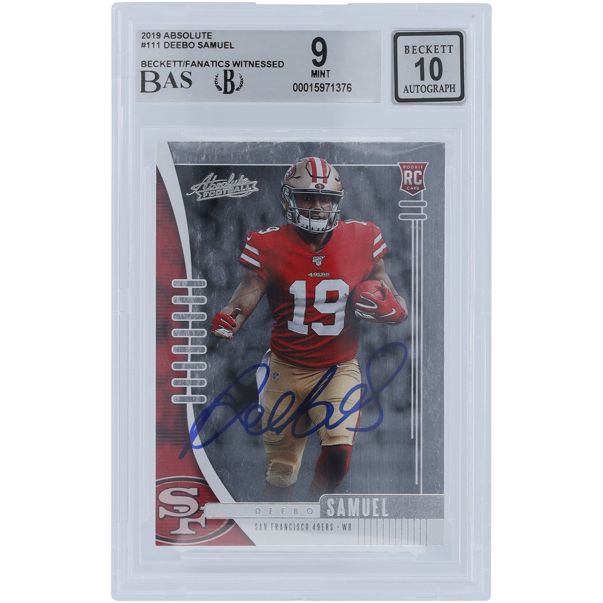 Deebo Samuel San Francisco 49ers Autographed 2019 Panini Absolute #111 Beckett Fanatics Witnessed Authenticated 9/10 Rookie Card. rookie card picture