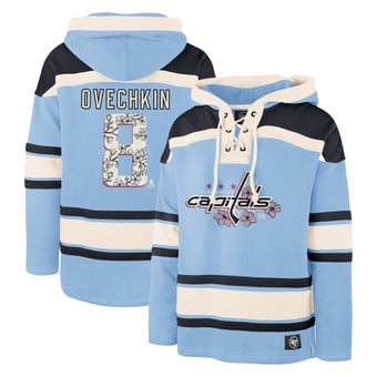 Men's '47 Alexander Ovechkin Light Blue Washington Capitals Cherry Blossom Player Name & Number Lacer Pullover Hoodie