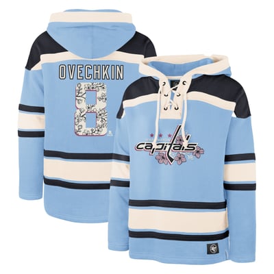 Men's '47 Alexander Ovechkin Light Blue Washington Capitals Cherry Blossom Player Name & Number Lacer Pullover Hoodie