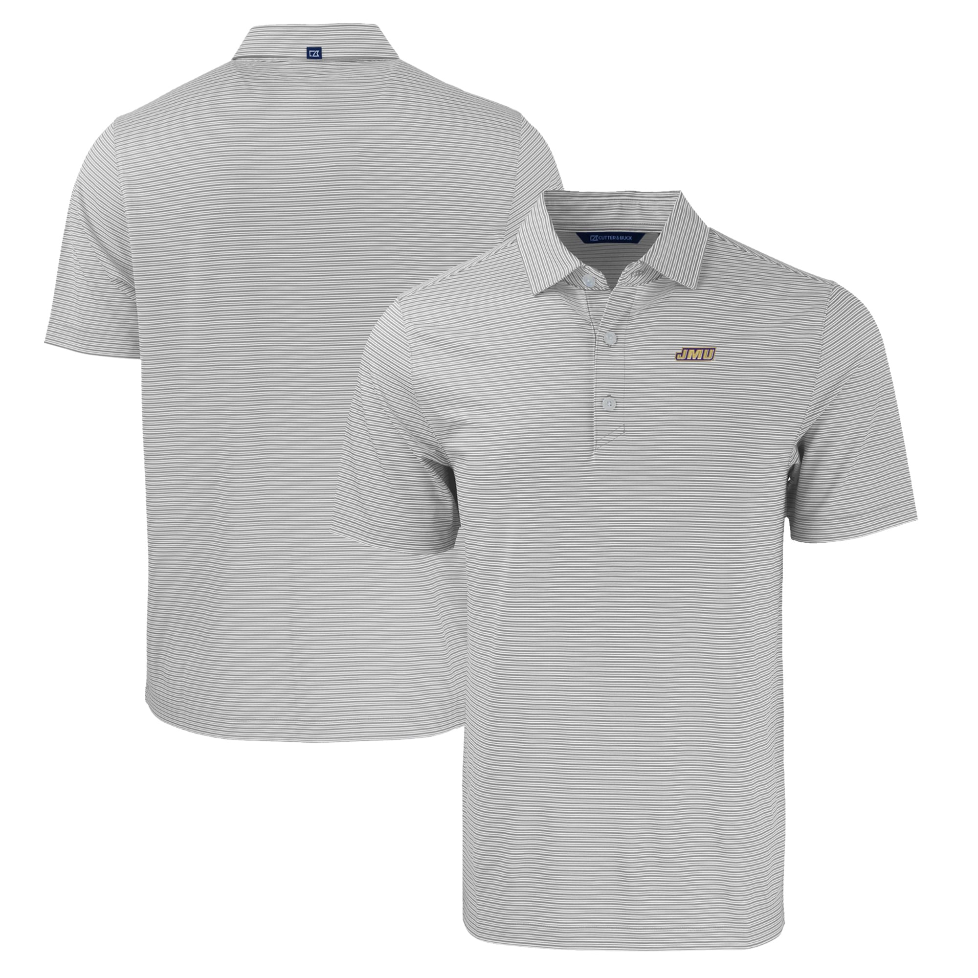 Men's Cutter & Buck Gray/White James Madison Dukes Forge Eco Double Stripe Stretch Recycled Polo