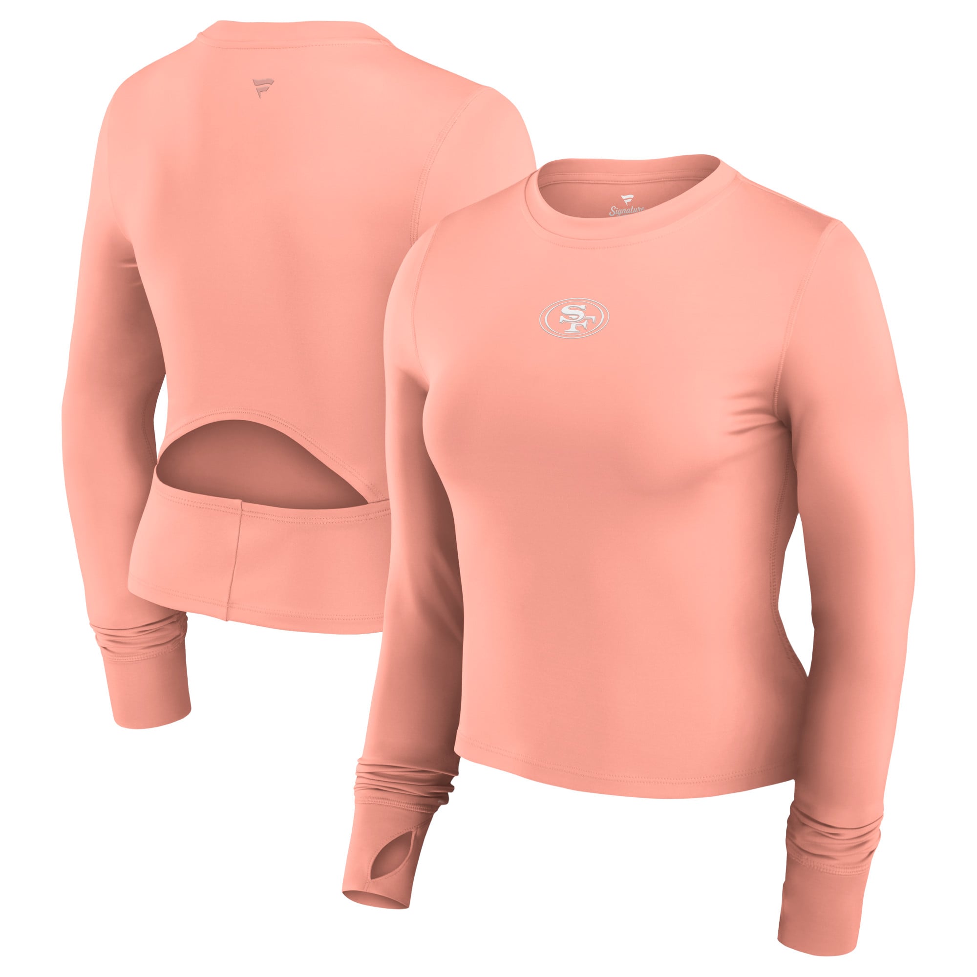 Women's Fanatics Coral San Francisco 49ers Studio Fitted Long Sleeve Gym Top: retailer-supplied image