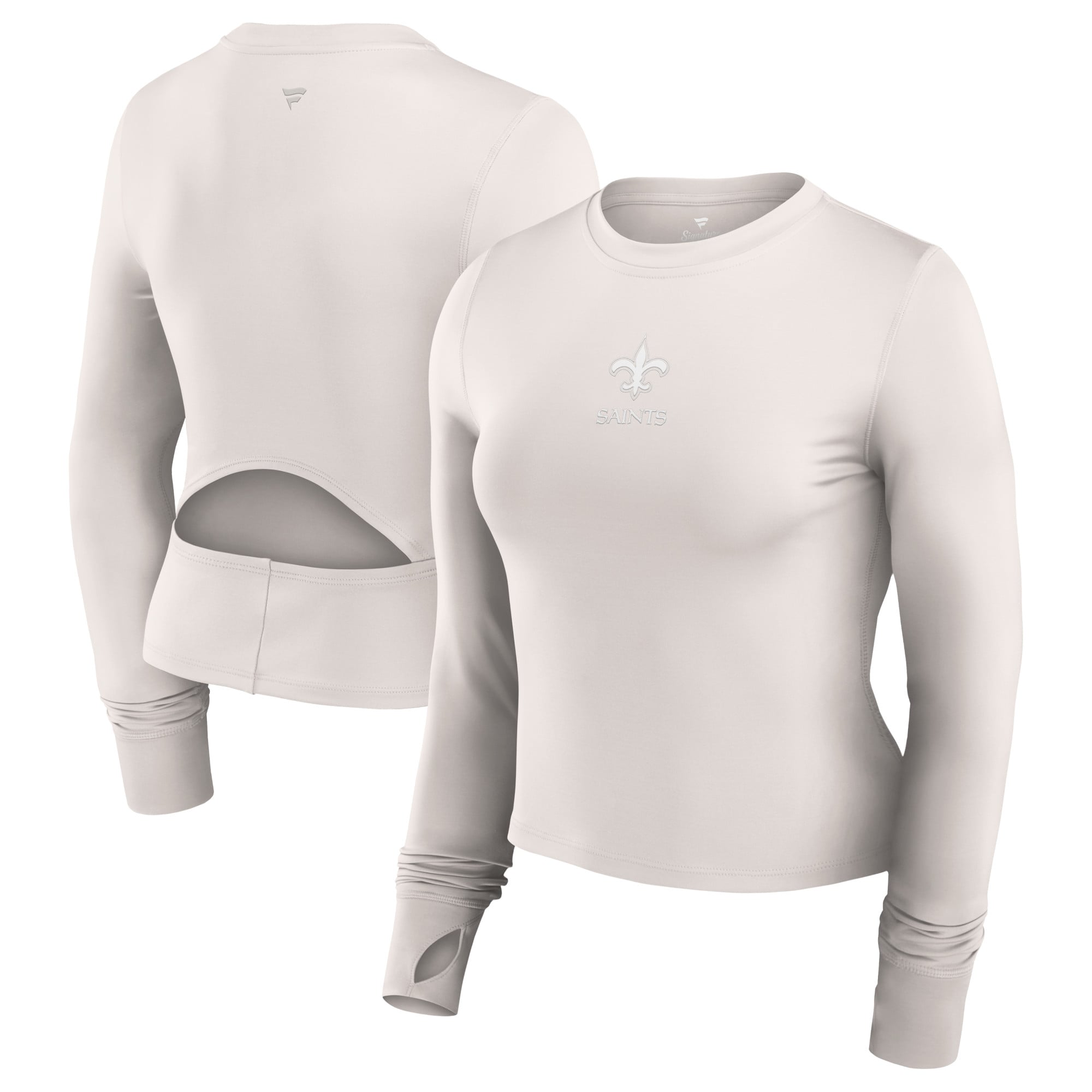Women's Fanatics White New Orleans Saints Studio Fitted Long Sleeve Gym Top: retailer-supplied image