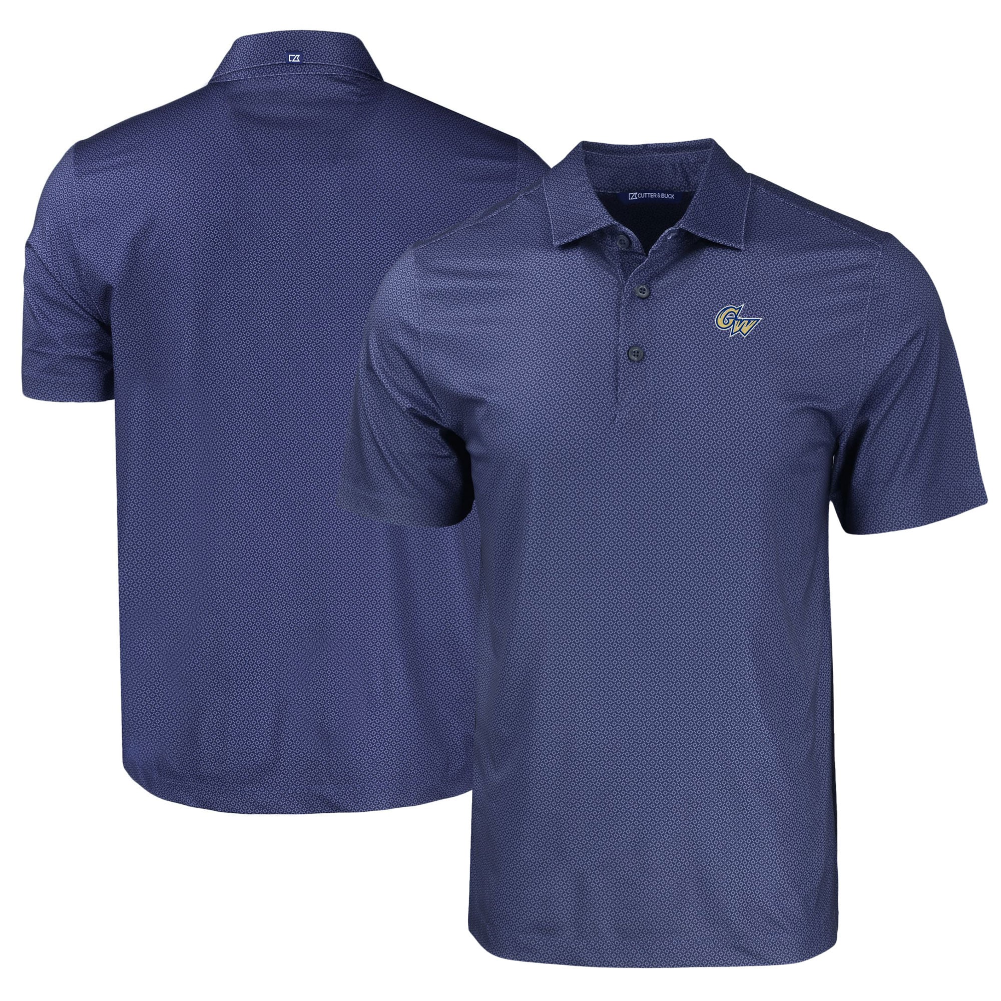 Men's Cutter & Buck Navy George Washington University Pike Eco Tonal Geo Print Stretch Recycled Polo