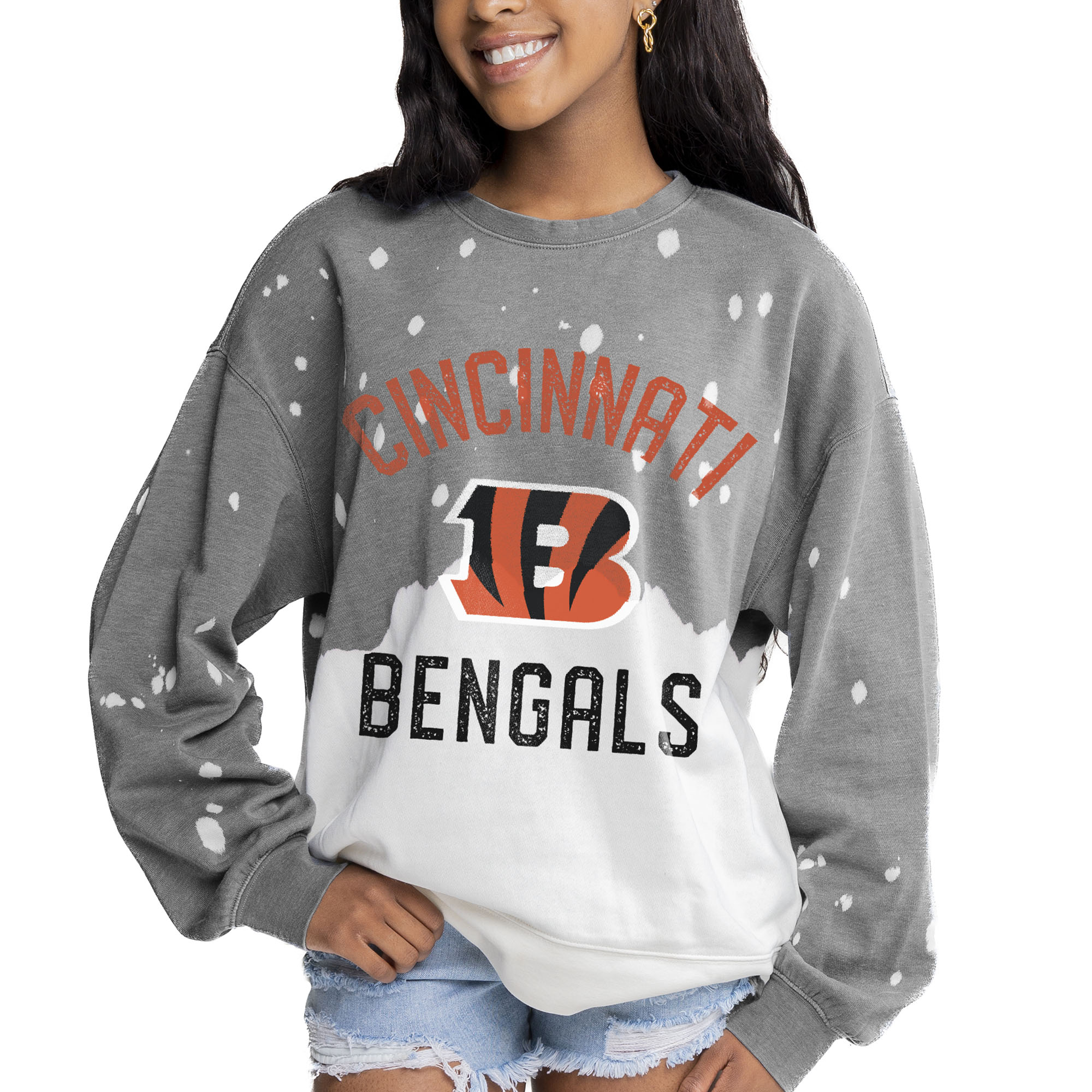 Women's Gameday Couture Gray Cincinnati Bengals Oversized Coin Toss Faded French Terry Tri-Blend Pullover Sweatshirt