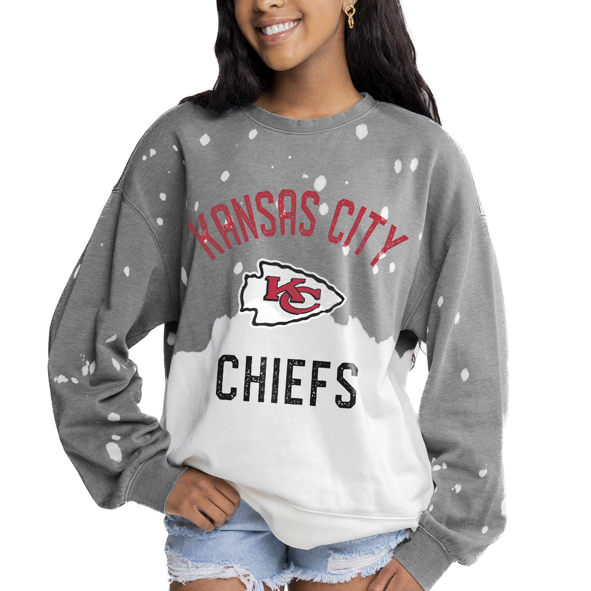 Women's Gameday Couture Gray Kansas City Chiefs Oversized Coin Toss Faded French Terry Tri-Blend Pullover Sweatshirt