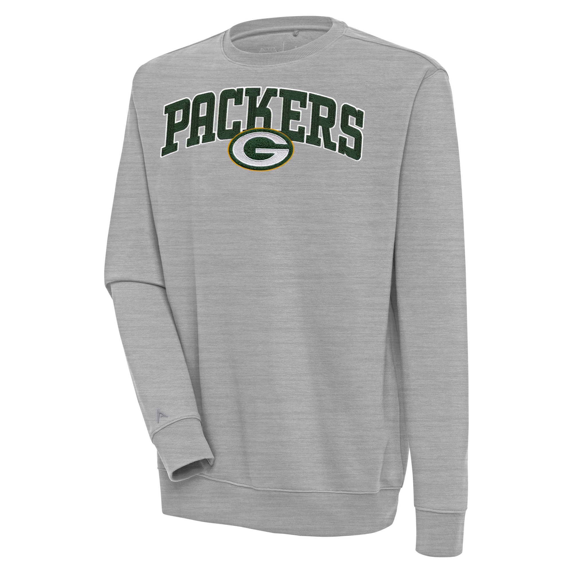 Men's Antigua Heather Gray Green Bay Packers Victory Chenille Pullover Sweatshirt