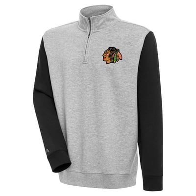 Men's Antigua  Heather Gray/Black Chicago Blackhawks Victory Colorblock Quarter-Zip Pullover Top