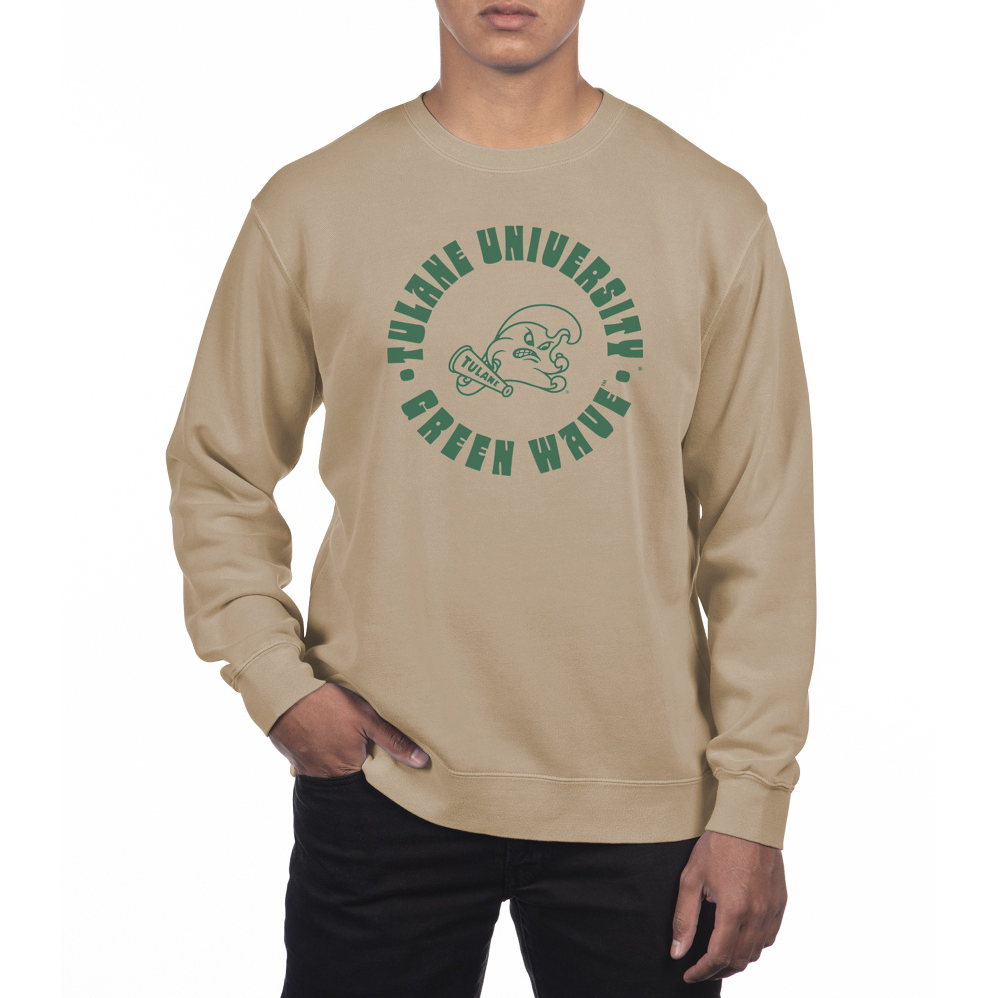 Men’s Uscape Apparel Cream Tulane Green Wave Pigment Dyed Fleece Crew Neck Sweatshirt