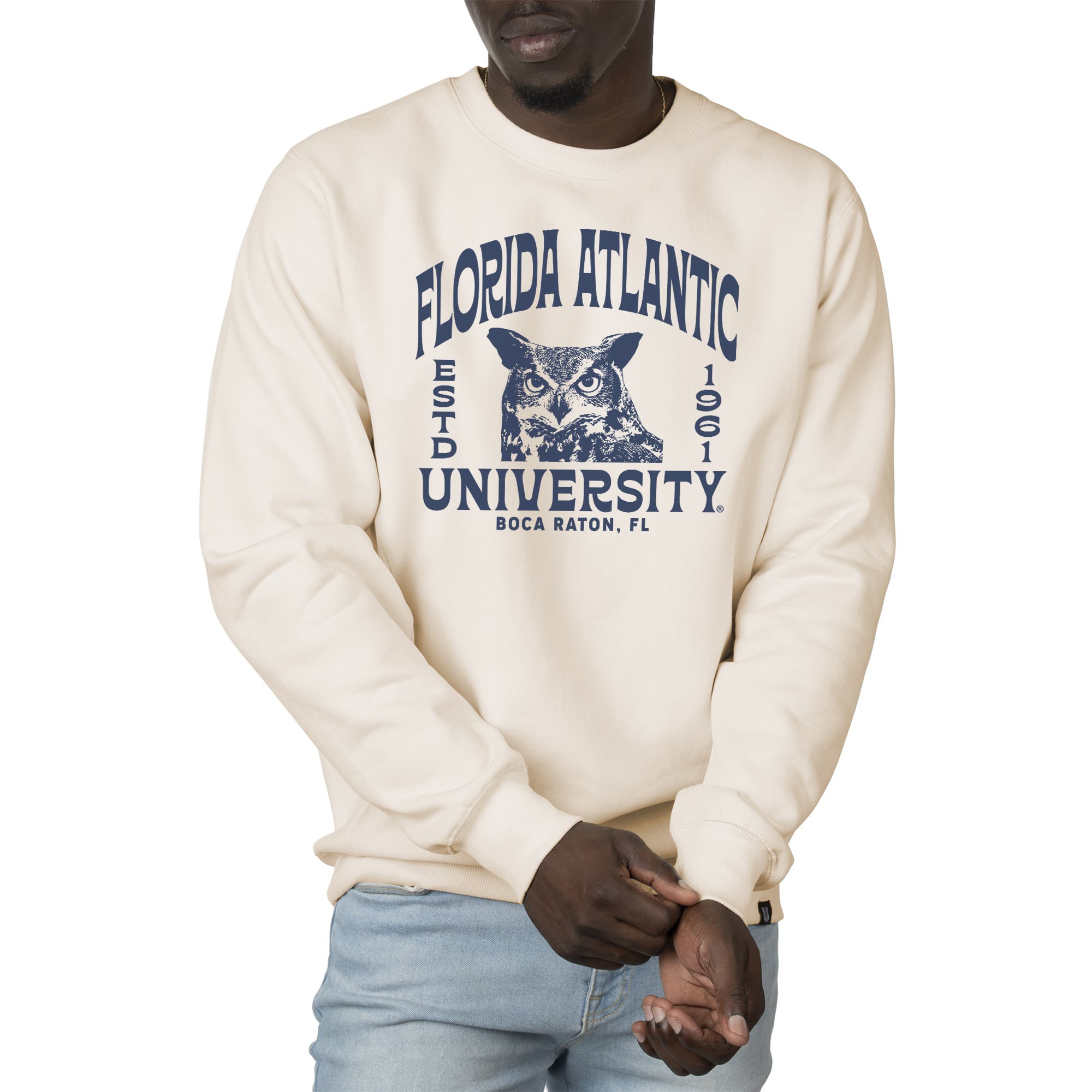 Men's Uscape Apparel Cream Florida Atlantic Owls Premium Heavyweight Crew Neck Sweatshirt