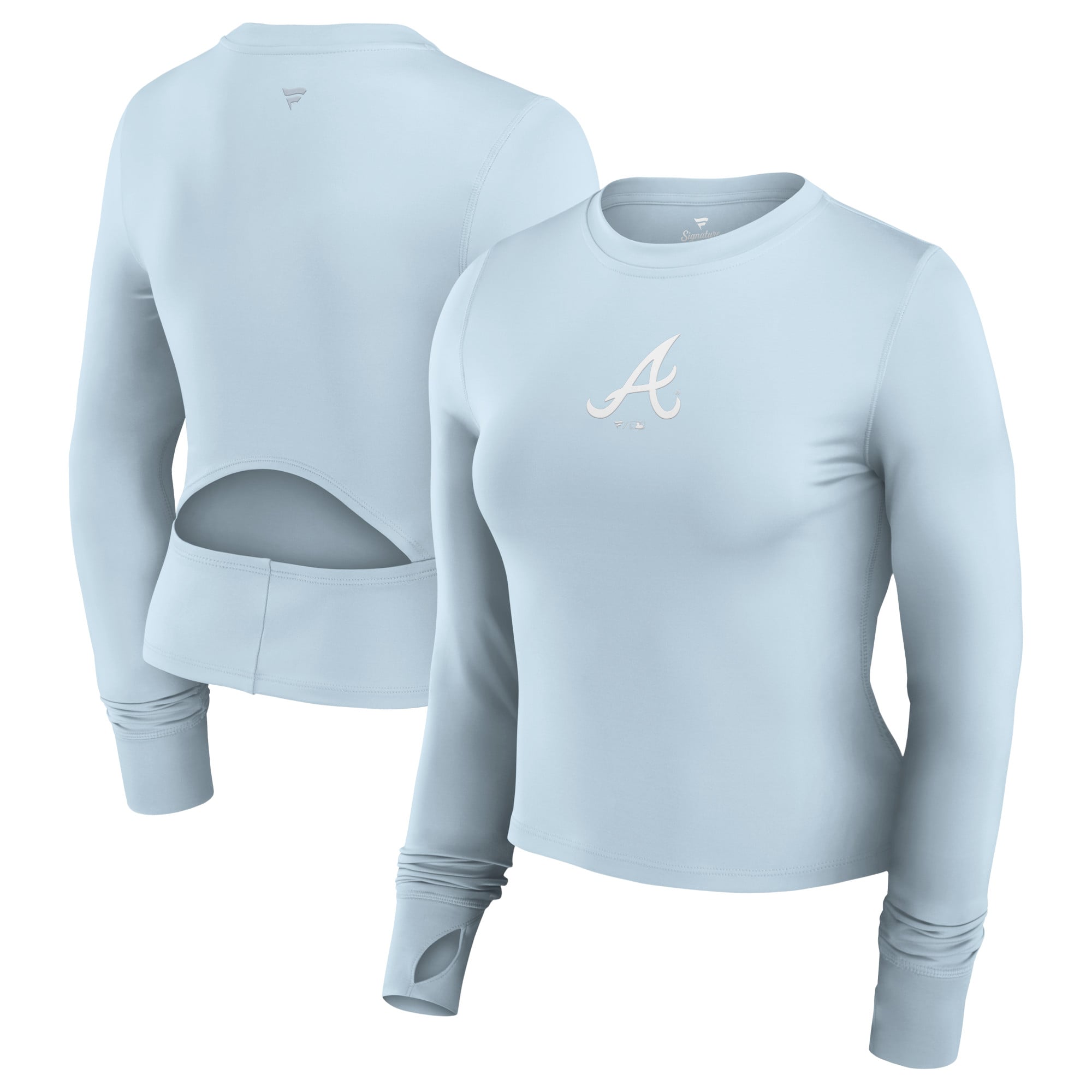 Women's Fanatics Light Blue Atlanta Braves Studio Fitted Long Sleeve Gym Top: retailer-supplied image