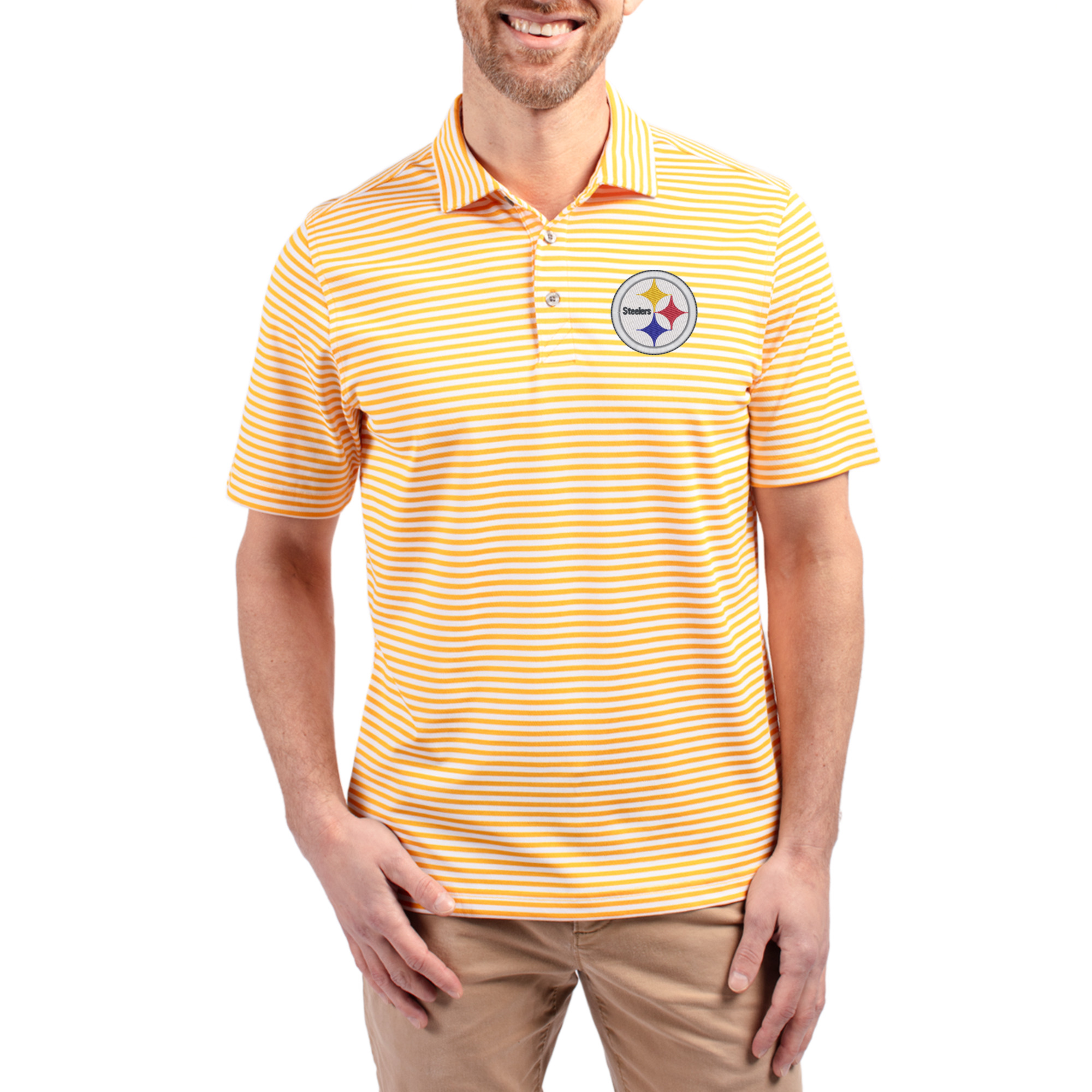 Men's Cutter & Buck Gold Pittsburgh Steelers Virtue Eco Pique Stripe Recycled Polo