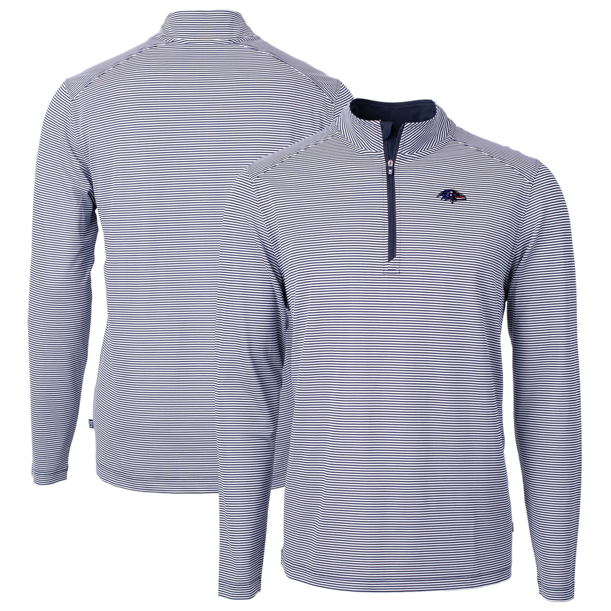 Men's Cutter & Buck Navy/White Baltimore Ravens Virtue Eco Pique Micro Stripe Recycled Quarter-Zip Pullover Top