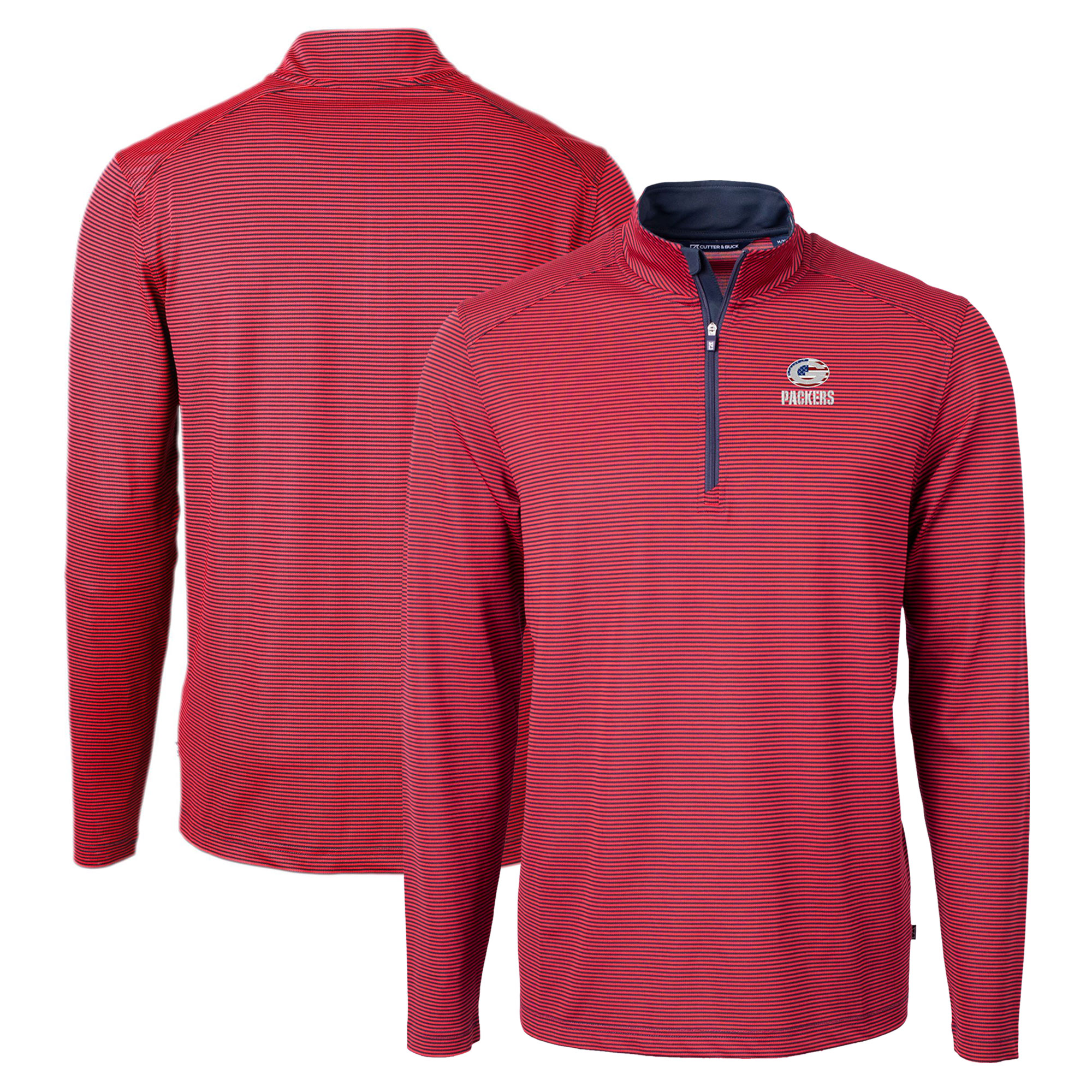 Men's Cutter & Buck Red/Navy Green Bay Packers Virtue Eco Pique Micro Stripe Recycled Quarter-Zip Pullover Top
