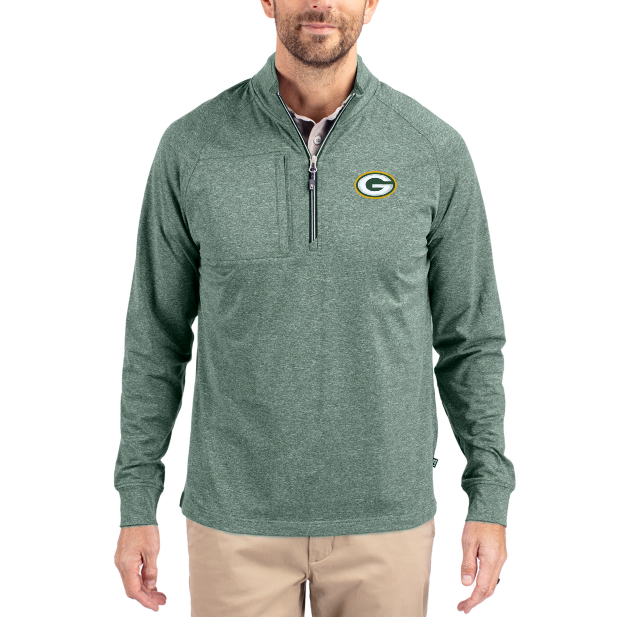 Men's Cutter & Buck Heather Green Green Bay Packers Adapt Eco Knit Quarter-Zip Pullover Top