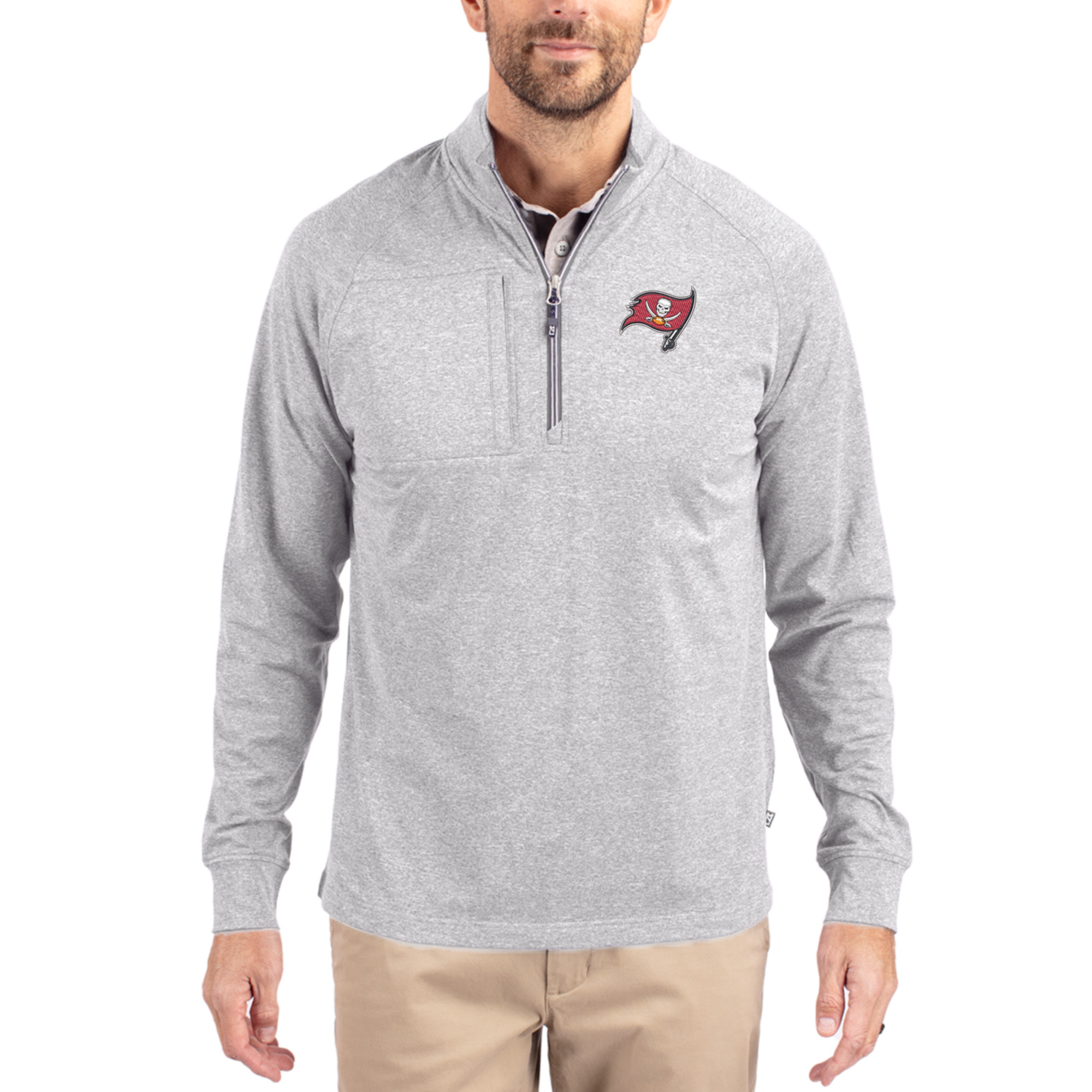 Men's Cutter & Buck Heather Gray Tampa Bay Buccaneers Adapt Eco Knit Quarter-Zip Pullover Top