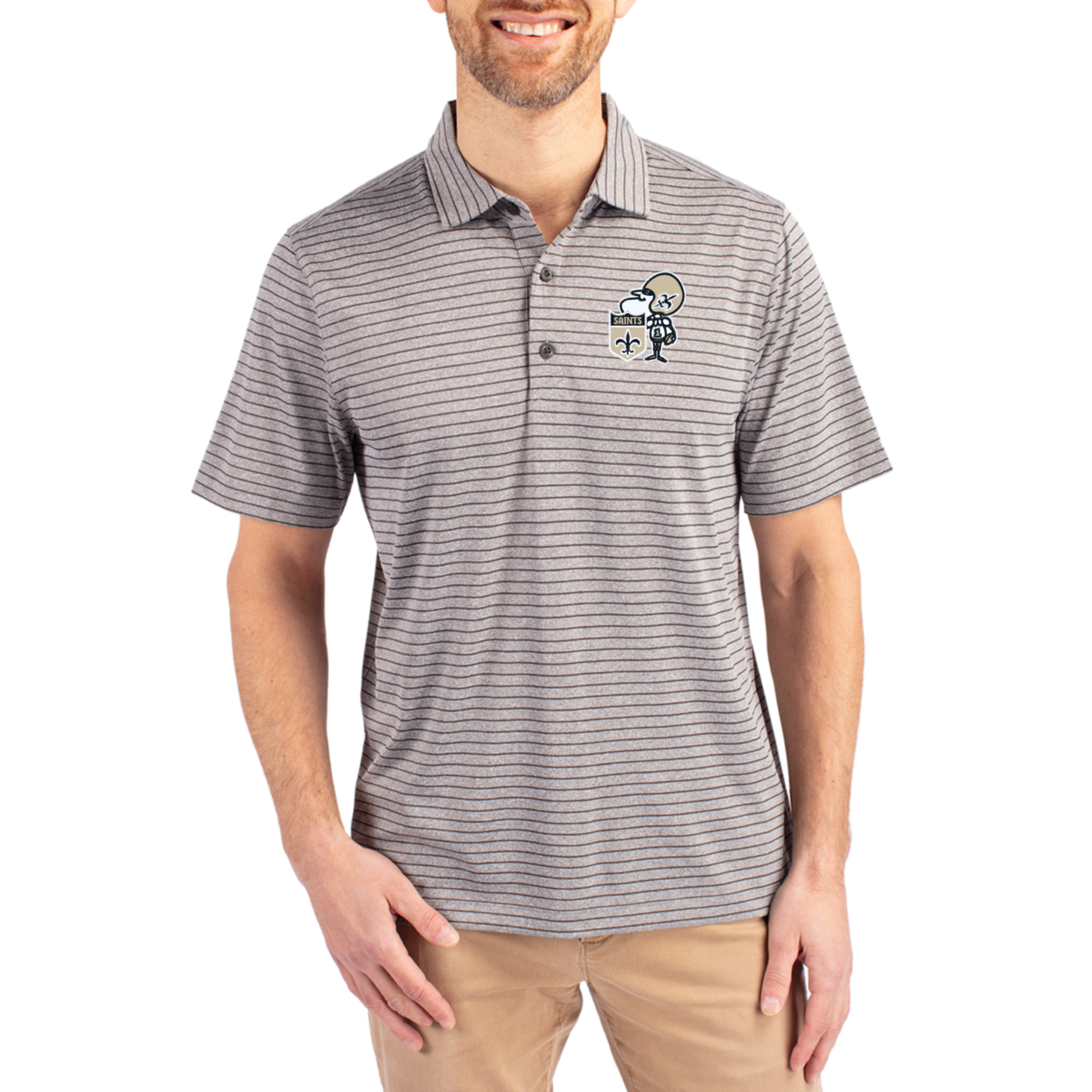 Men's Cutter & Buck Heather Gray New Orleans Saints Throwback Forge Eco Heather Stripe Stretch Recycled Polo