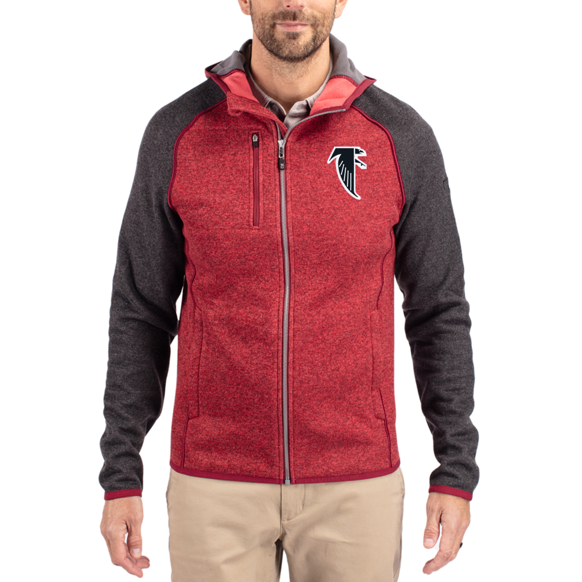 Men's Cutter & Buck Heather Red/Heather Charcoal Atlanta Falcons Throwback Mainsail Sweater-Knit Full-Zip Hoodie