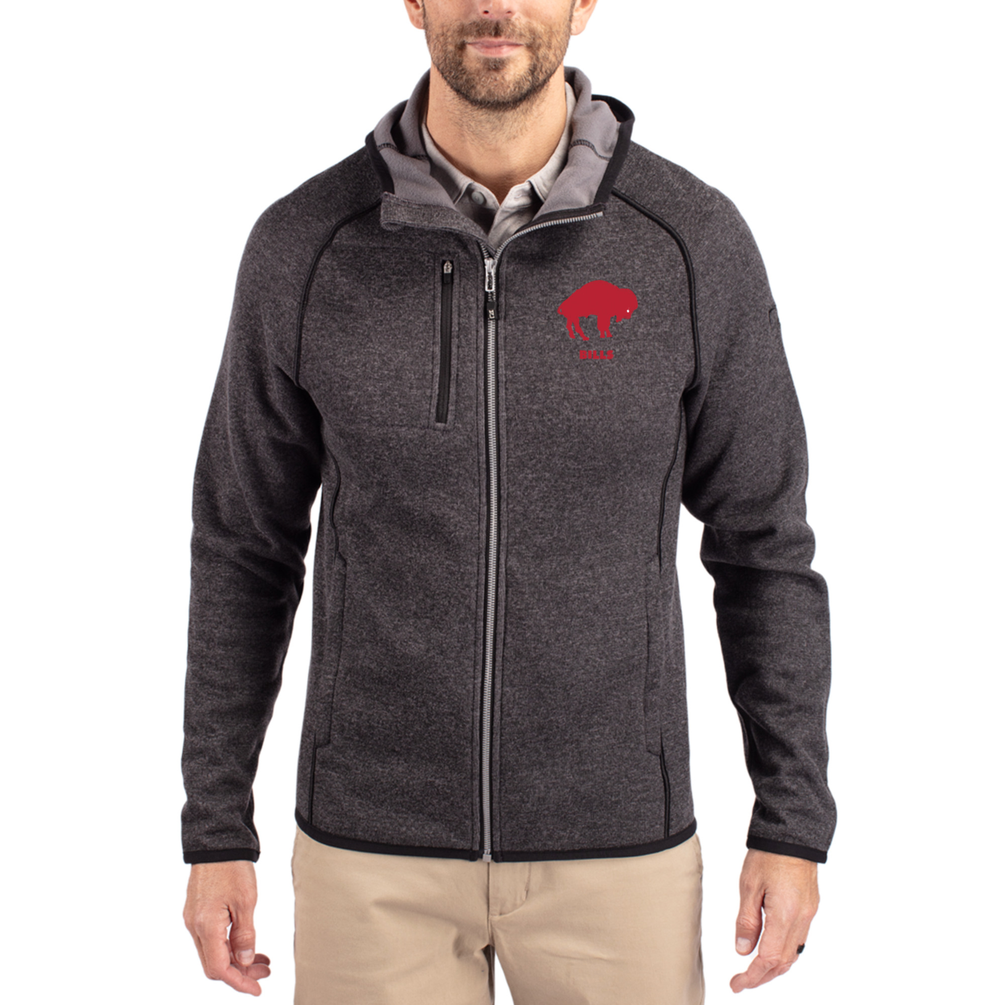 Men’s Cutter & Buck Heather Charcoal Buffalo Bills Throwback Mainsail Sweater-Knit Full-Zip Hoodie Men’s Cutter & Buck Heather Charcoal Buffalo Bills Throwback Mainsail Sweater-Knit Full-Zip Hoodie