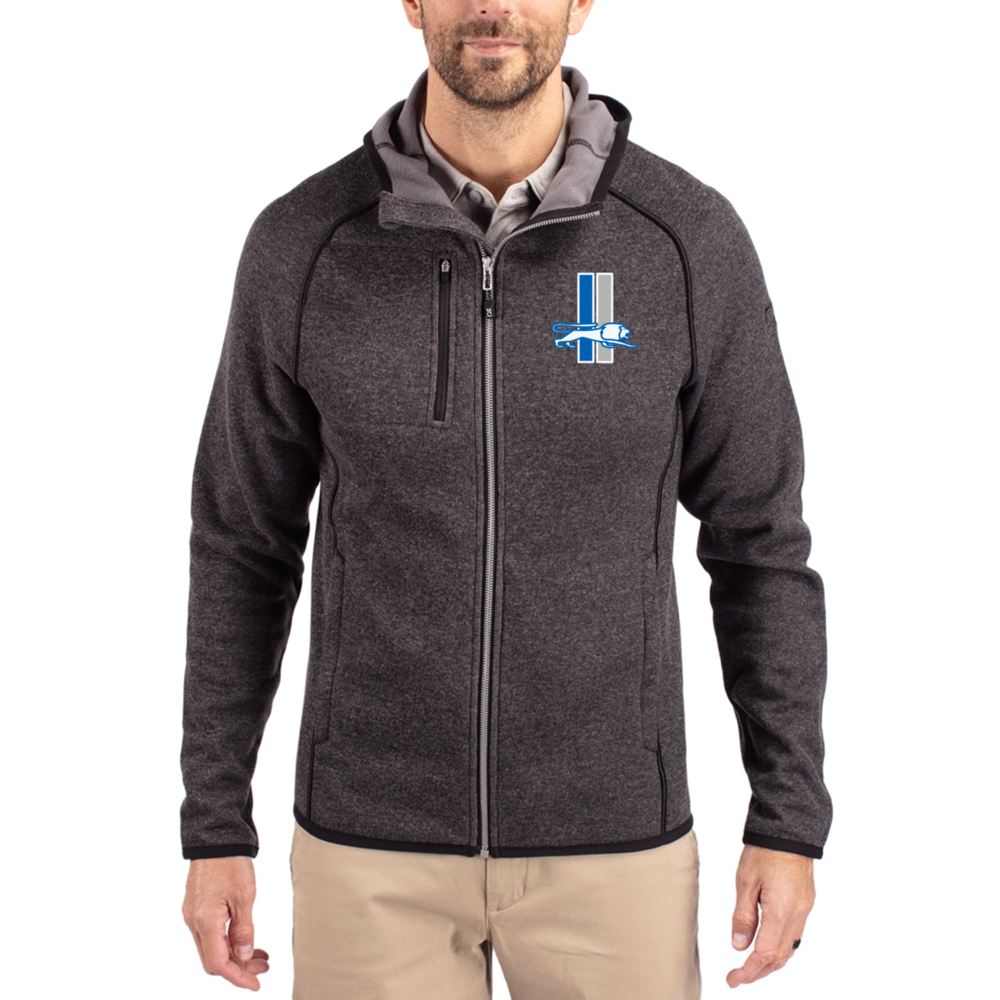Men's Cutter & Buck  Heather Charcoal Detroit Lions Throwback Mainsail Sweater-Knit Full-Zip Hoodie