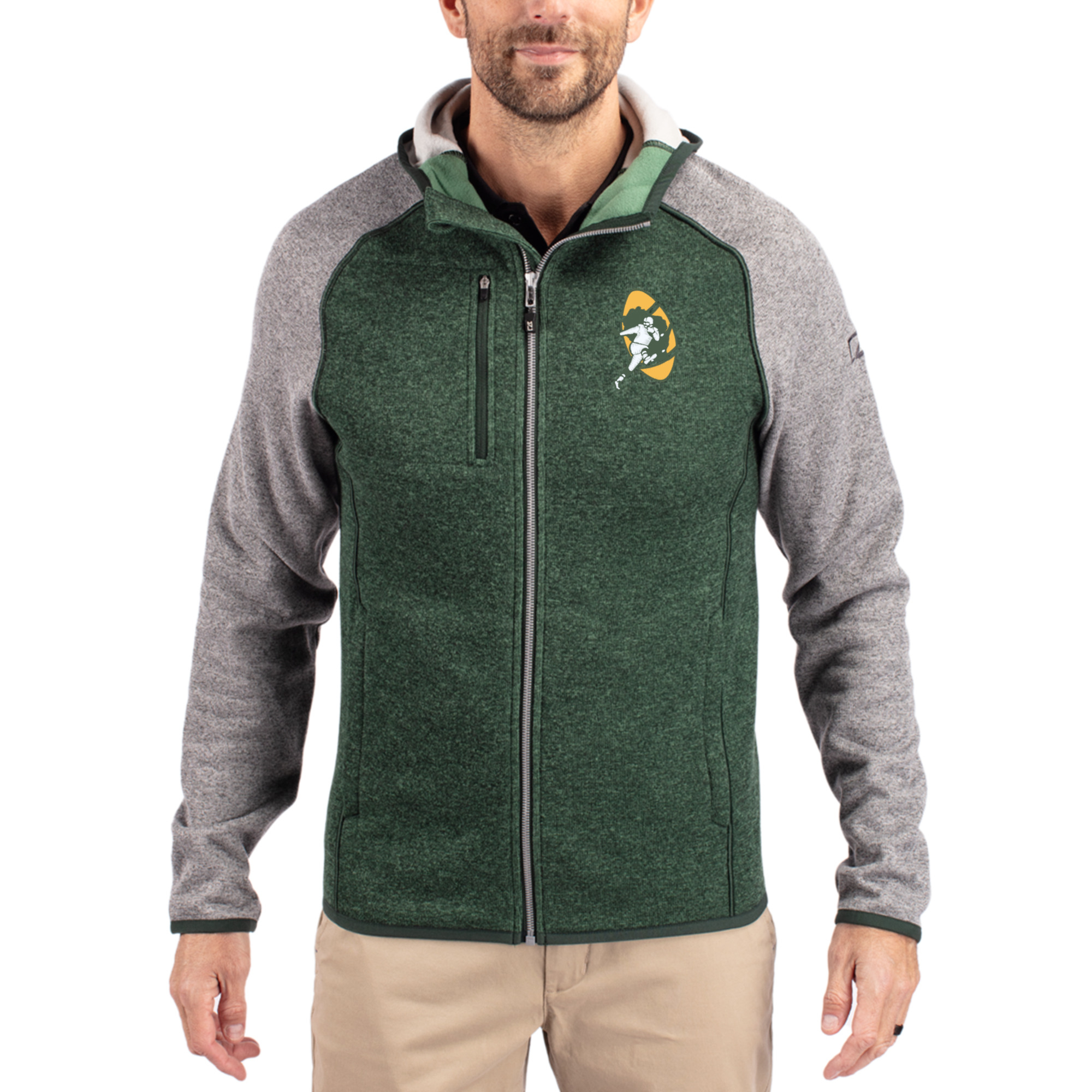 Men’s Cutter & Buck Heather Green/Heather Gray Green Bay Packers Throwback Mainsail Sweater-Knit Full-Zip Hoodie Men’s Cutter & Buck Heather Green/Heather Gray Green Bay Packers Throwback Mainsail Sweater-Knit Full-Zip Hoodie