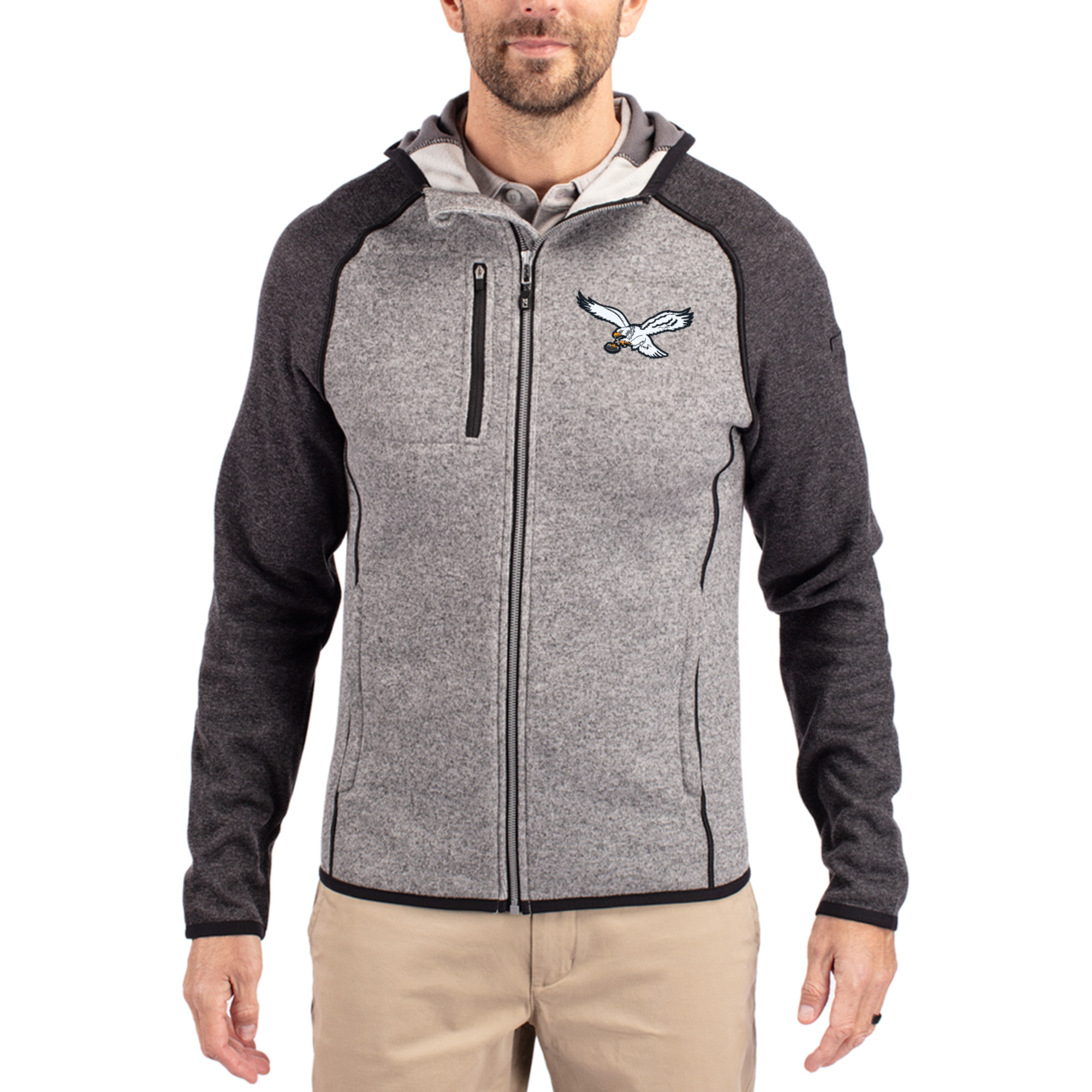 Men's Cutter & Buck  Heather Gray/Heather Charcoal Philadelphia Eagles Throwback Mainsail Sweater-Knit Full-Zip Hoodie