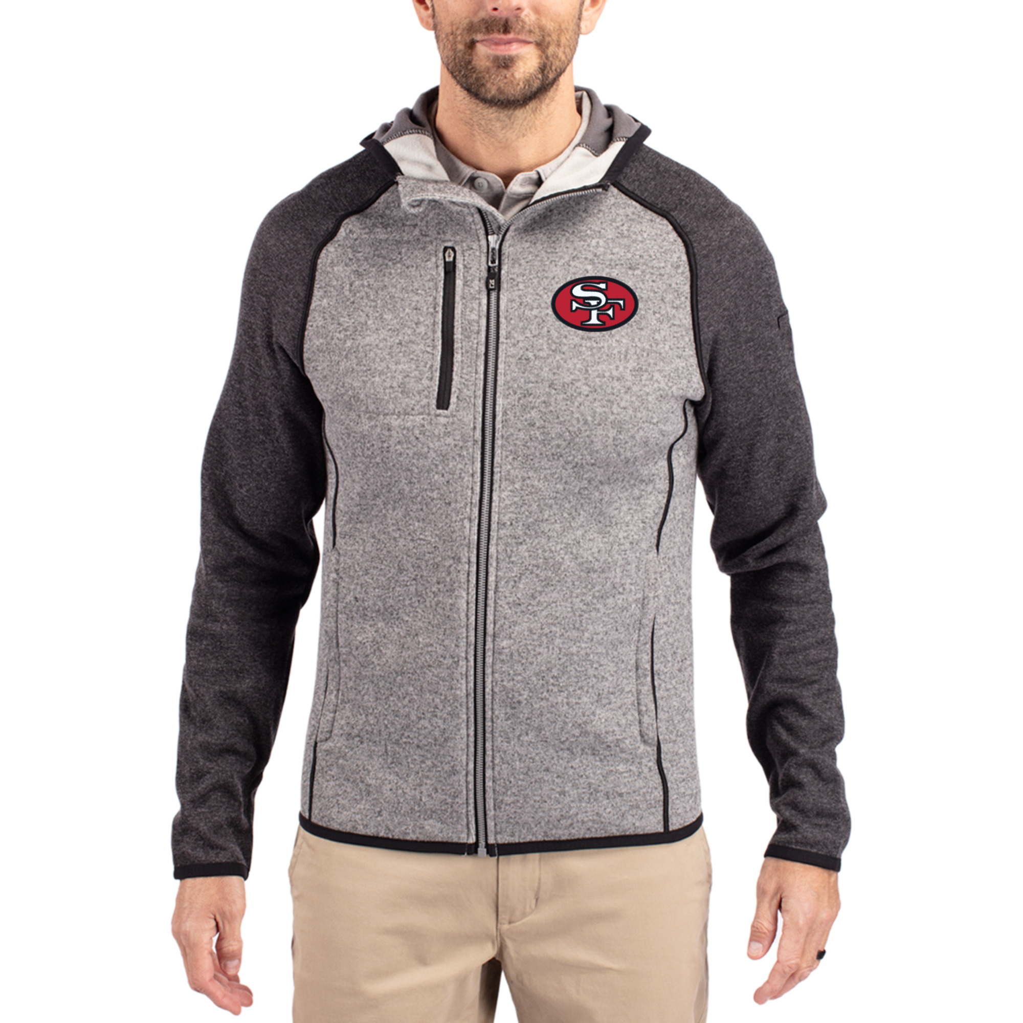 Men's Cutter & Buck  Heather Gray/Heather Charcoal San Francisco 49ers Throwback Mainsail Sweater-Knit Full-Zip Hoodie