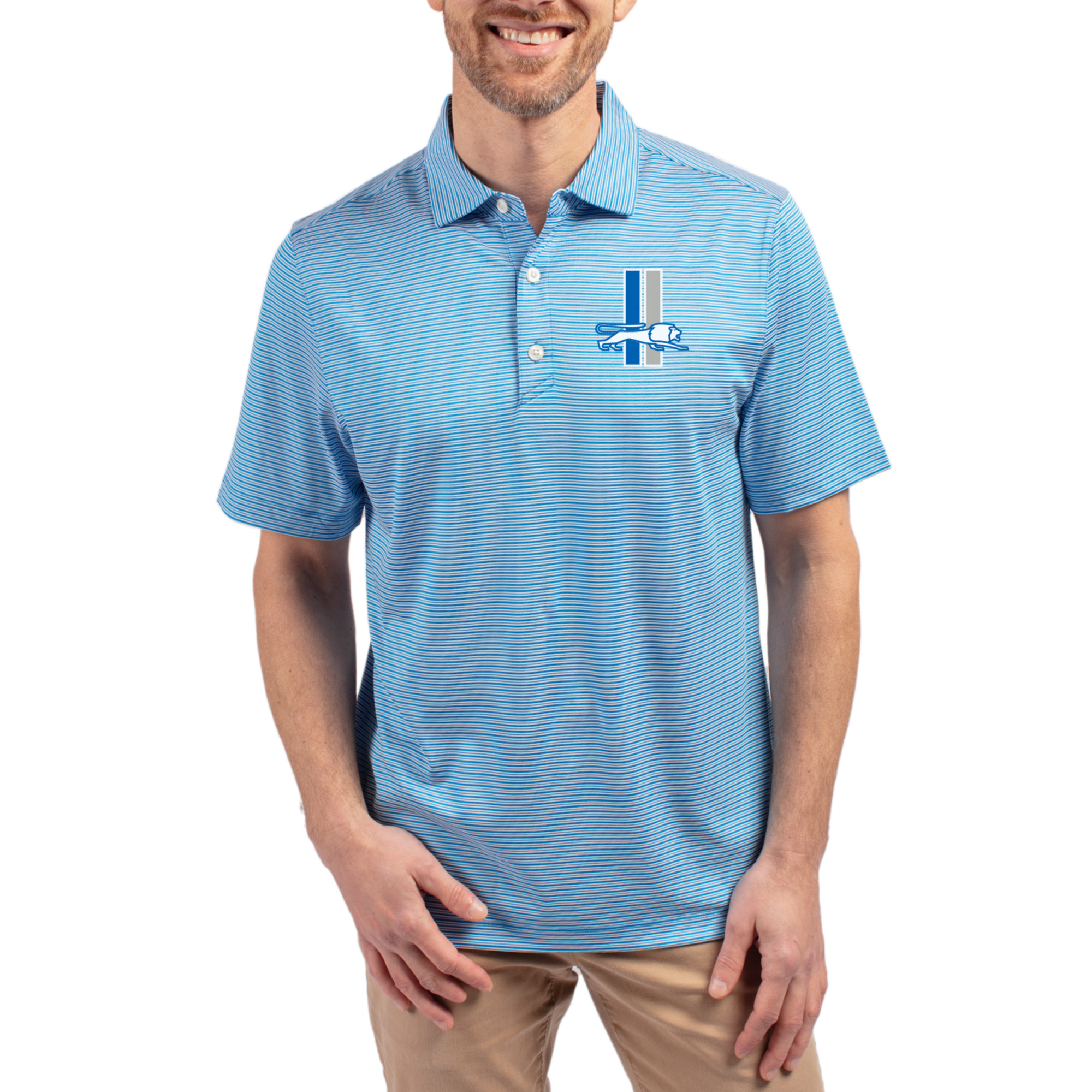 Men's Cutter & Buck Blue Detroit Lions Throwback Forge Eco Double Stripe Stretch Recycled Polo