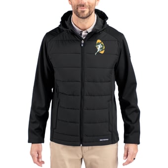 Men's Cutter & Buck Black Green Bay Packers Throwback Evoke Hybrid Eco Softshell Recycled Full-Zip Hoodie Jacket