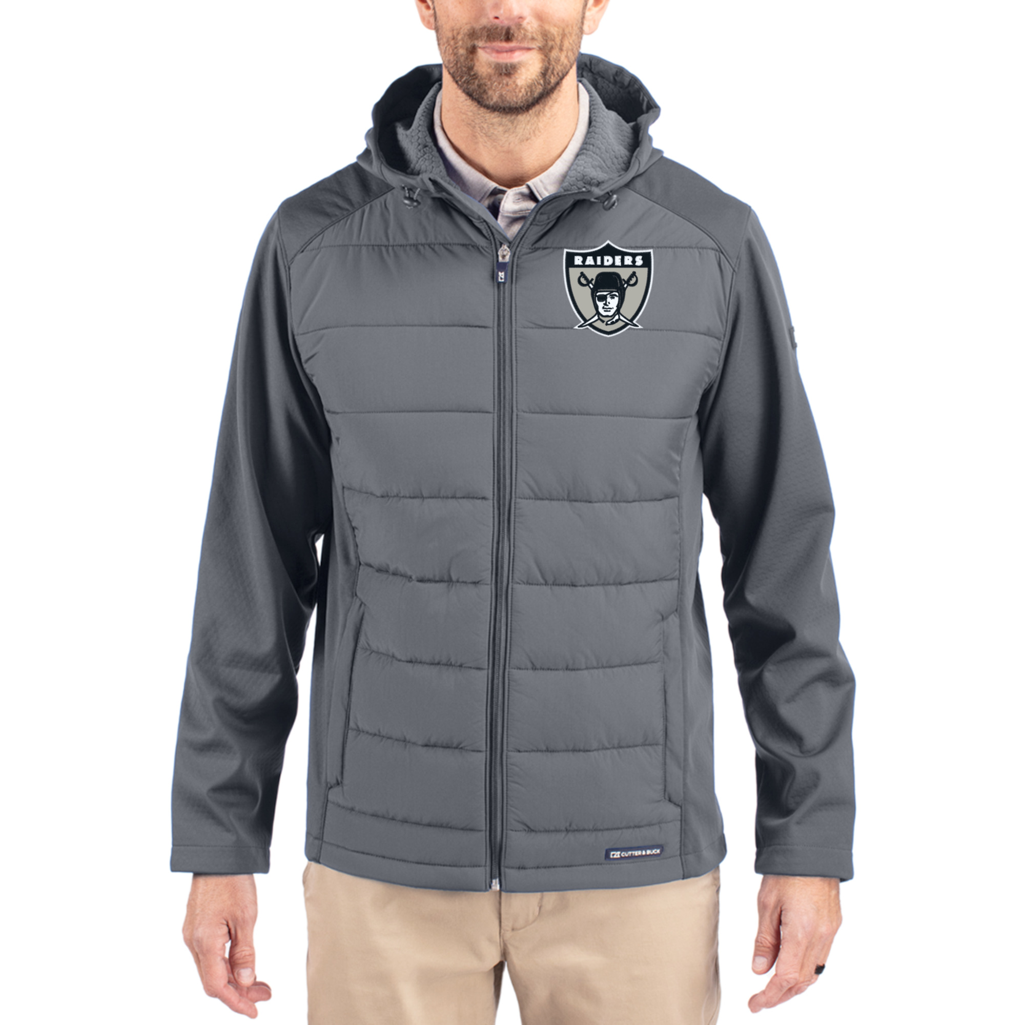 Men's Cutter & Buck Gray Las Vegas Raiders Throwback Evoke Hybrid Eco Softshell Recycled Full-Zip Hoodie Jacket