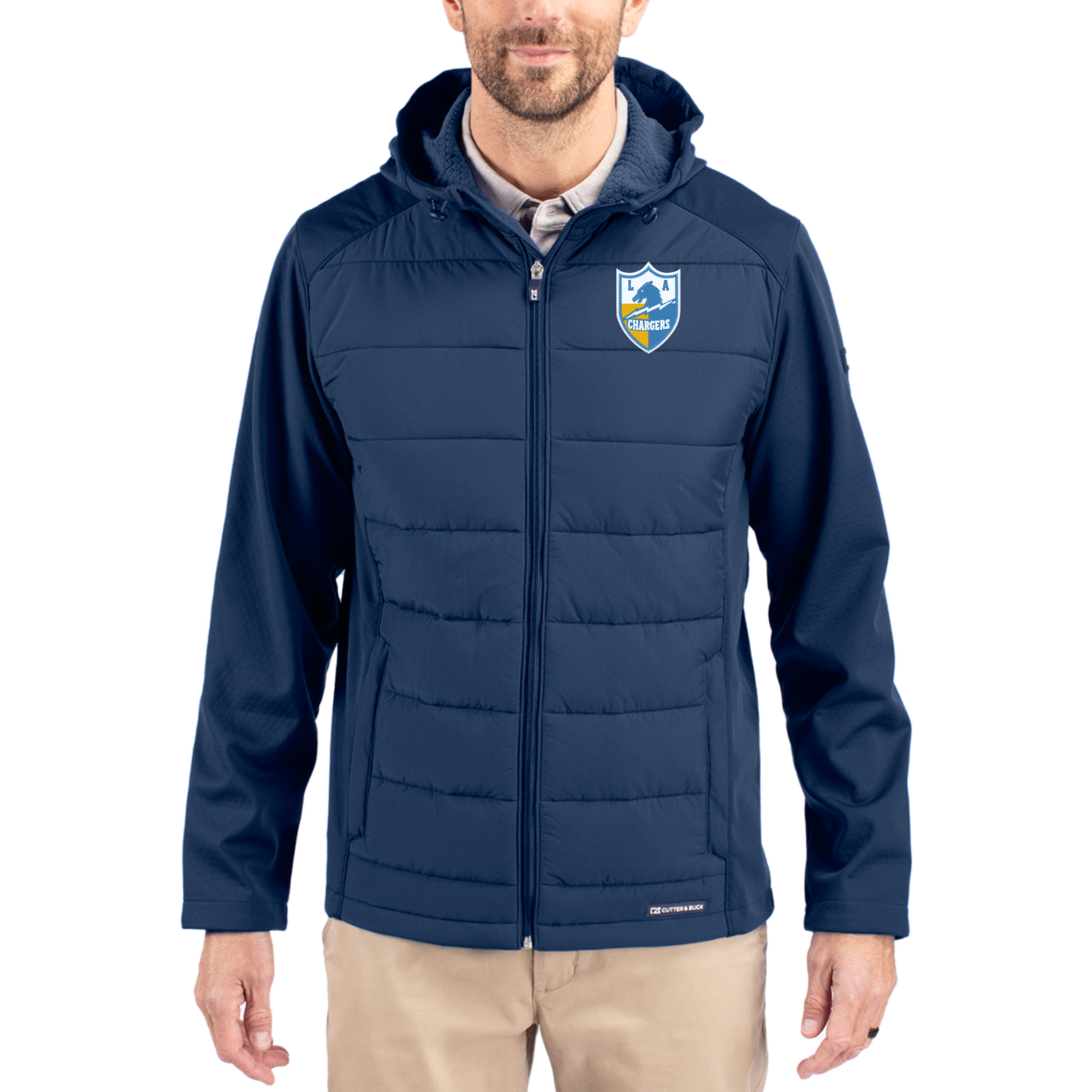 Men's Cutter & Buck Navy Los Angeles Chargers Throwback Evoke Hybrid Eco Softshell Recycled Full-Zip Hoodie Jacket